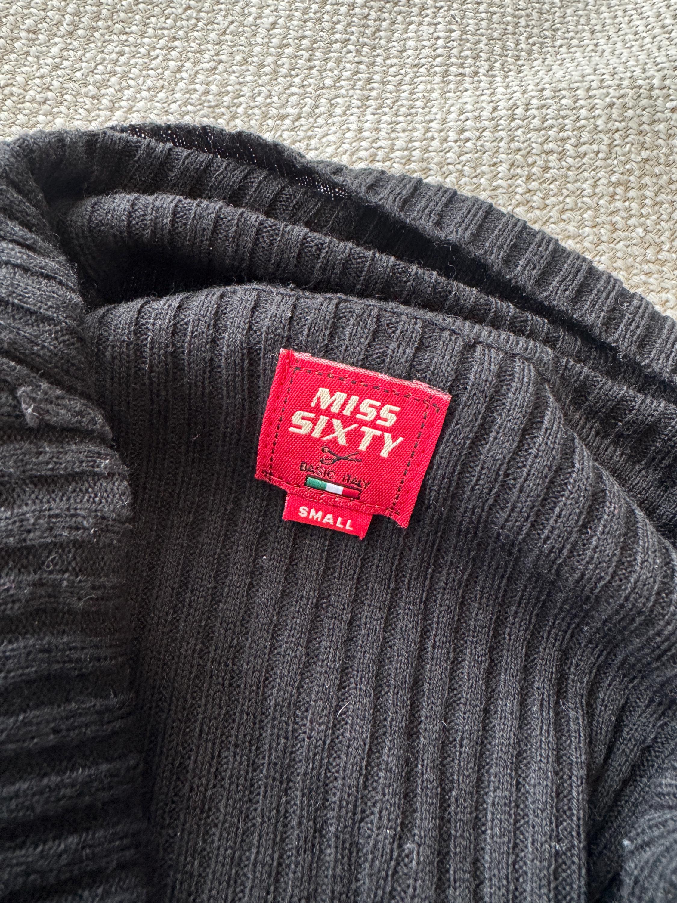 Y2K Miss Sixty Off-Shoulder Knit Top – Ribbed Black Sweater Mini Dress – Size XS-S