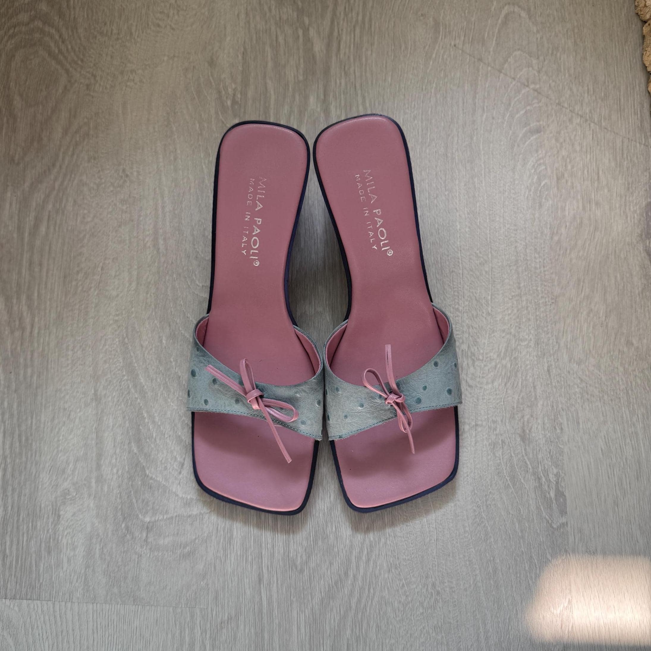 Vintage Made in Italy Mila Paoli Ostrich Leather Kitten Heel Sandals