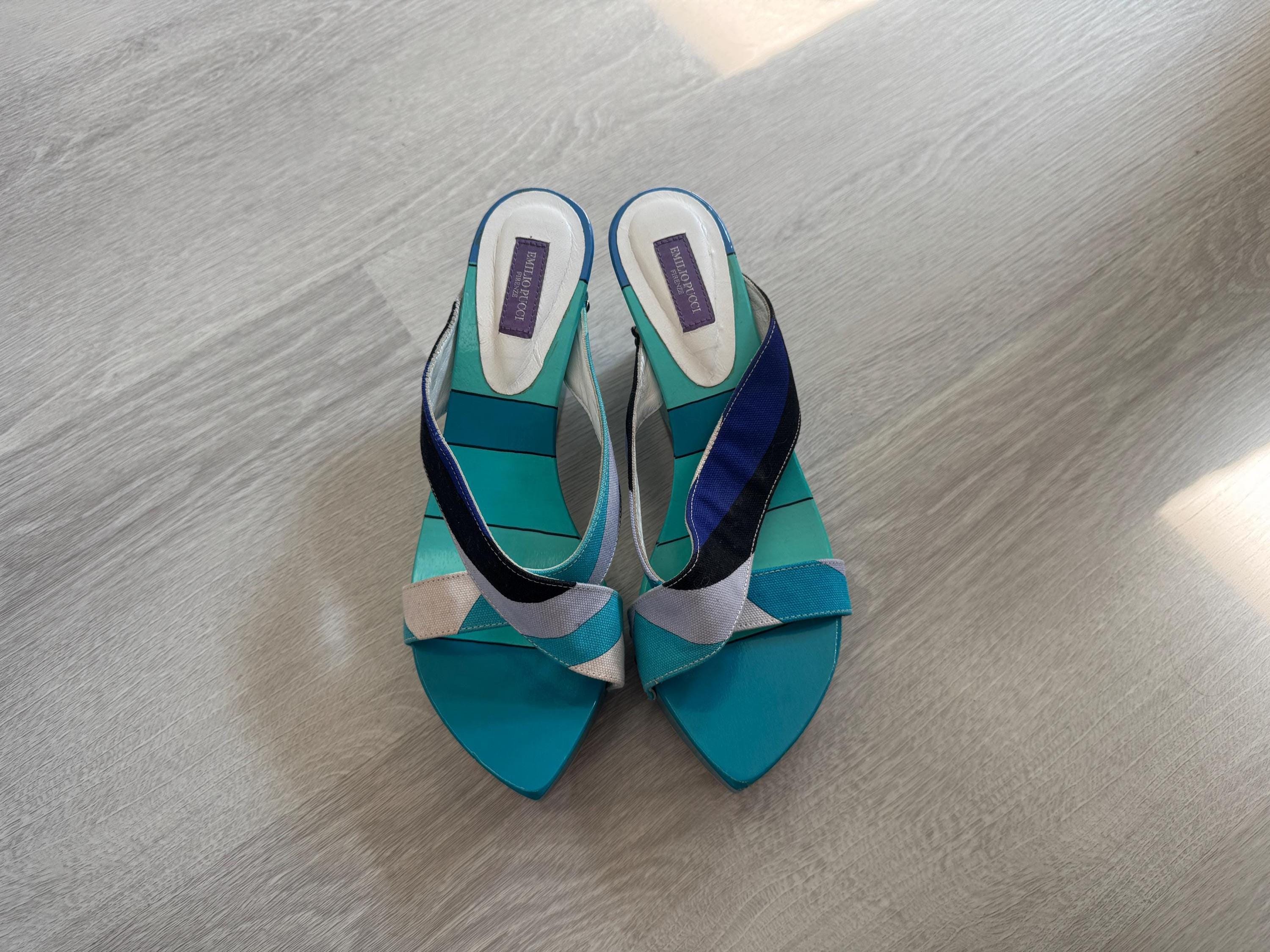 Vintage Emilio Pucci Colorblock Wedge Sandals – Platform Slide Heels, Italian Designer