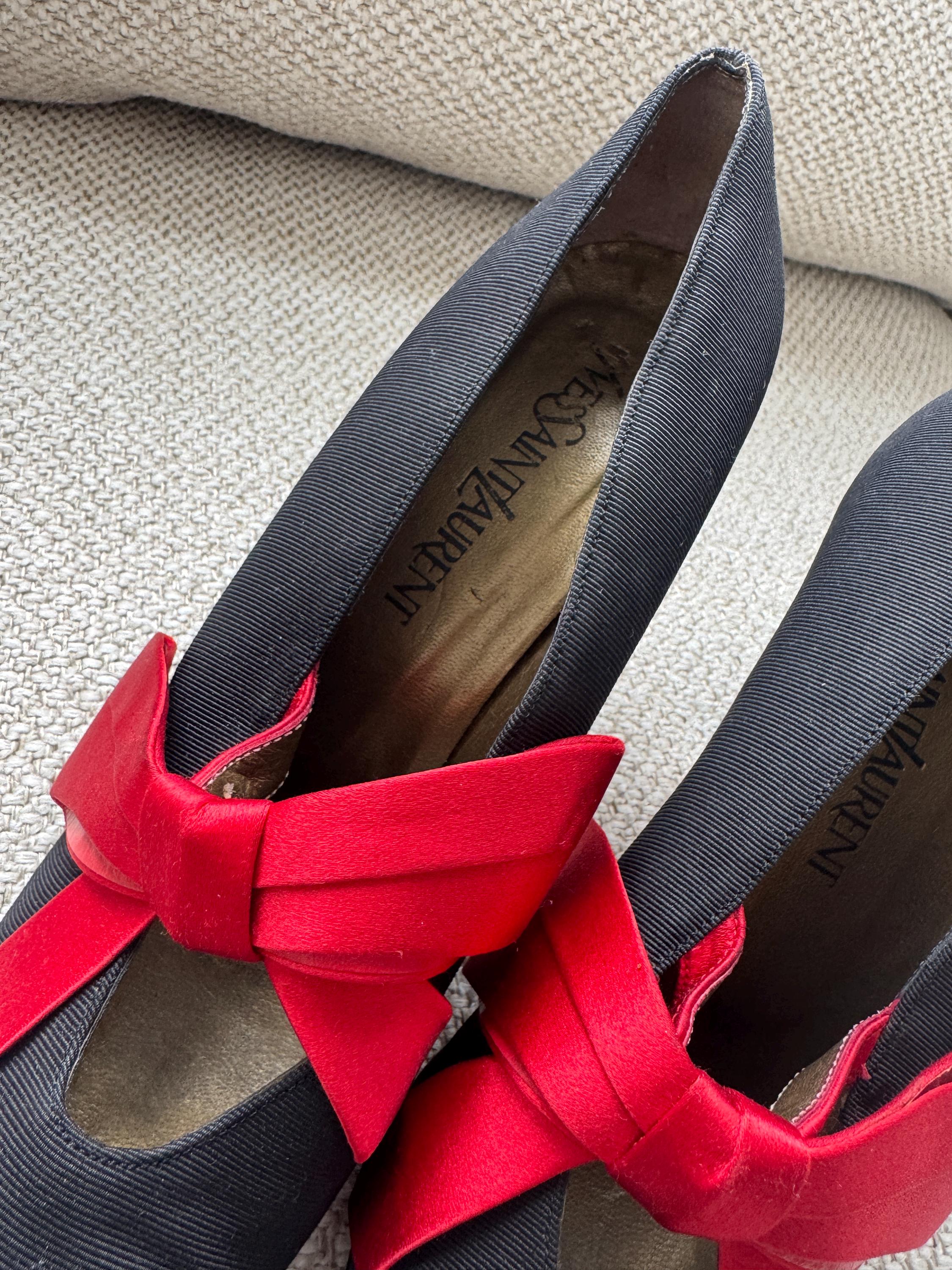 Vintage Yves Saint Laurent Bow Heels – Black & Red Satin