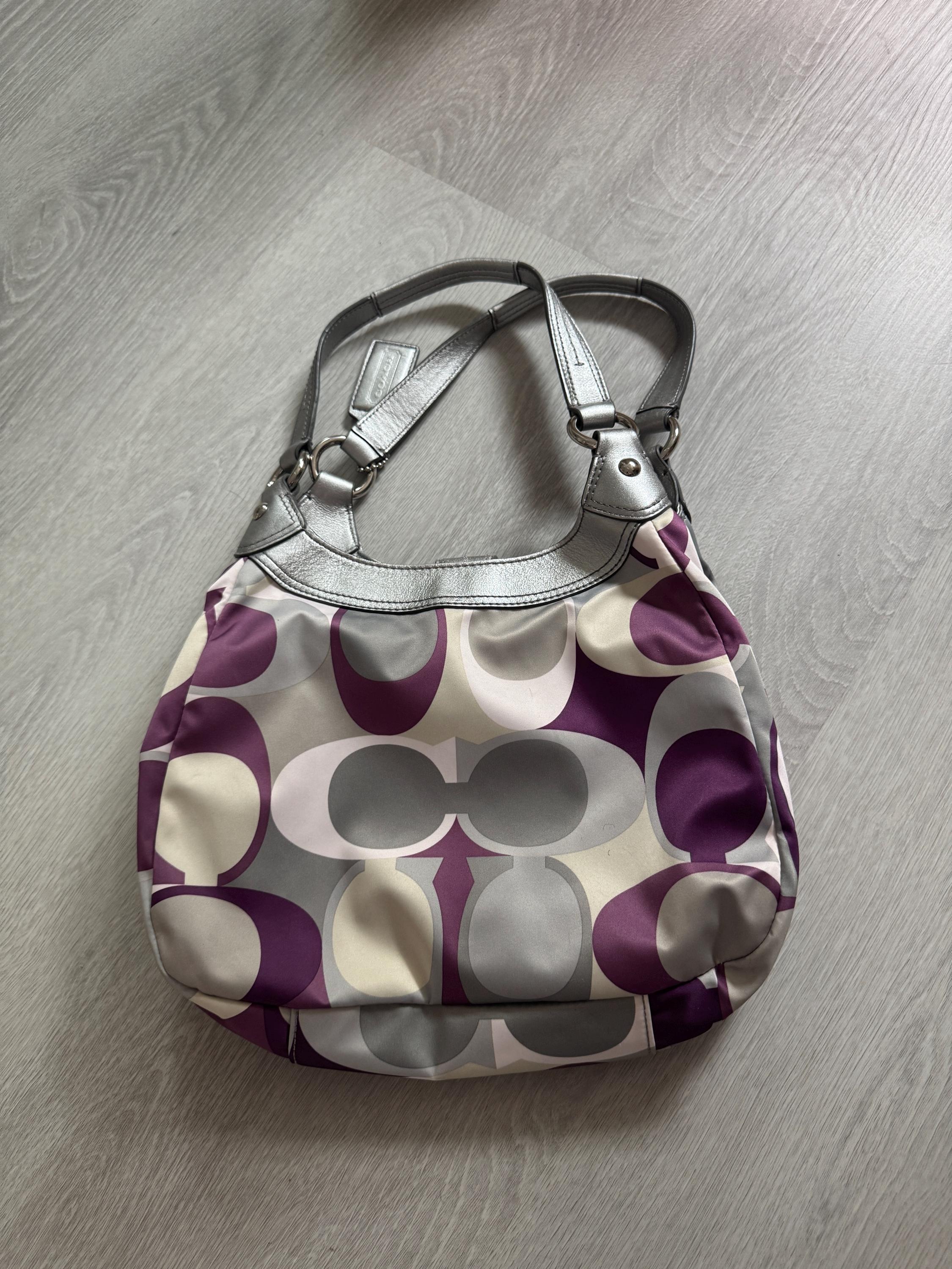 Vintage Coach Multicolor Satin Buckle Tote – Purple and Silver Signature Shoulder Bag