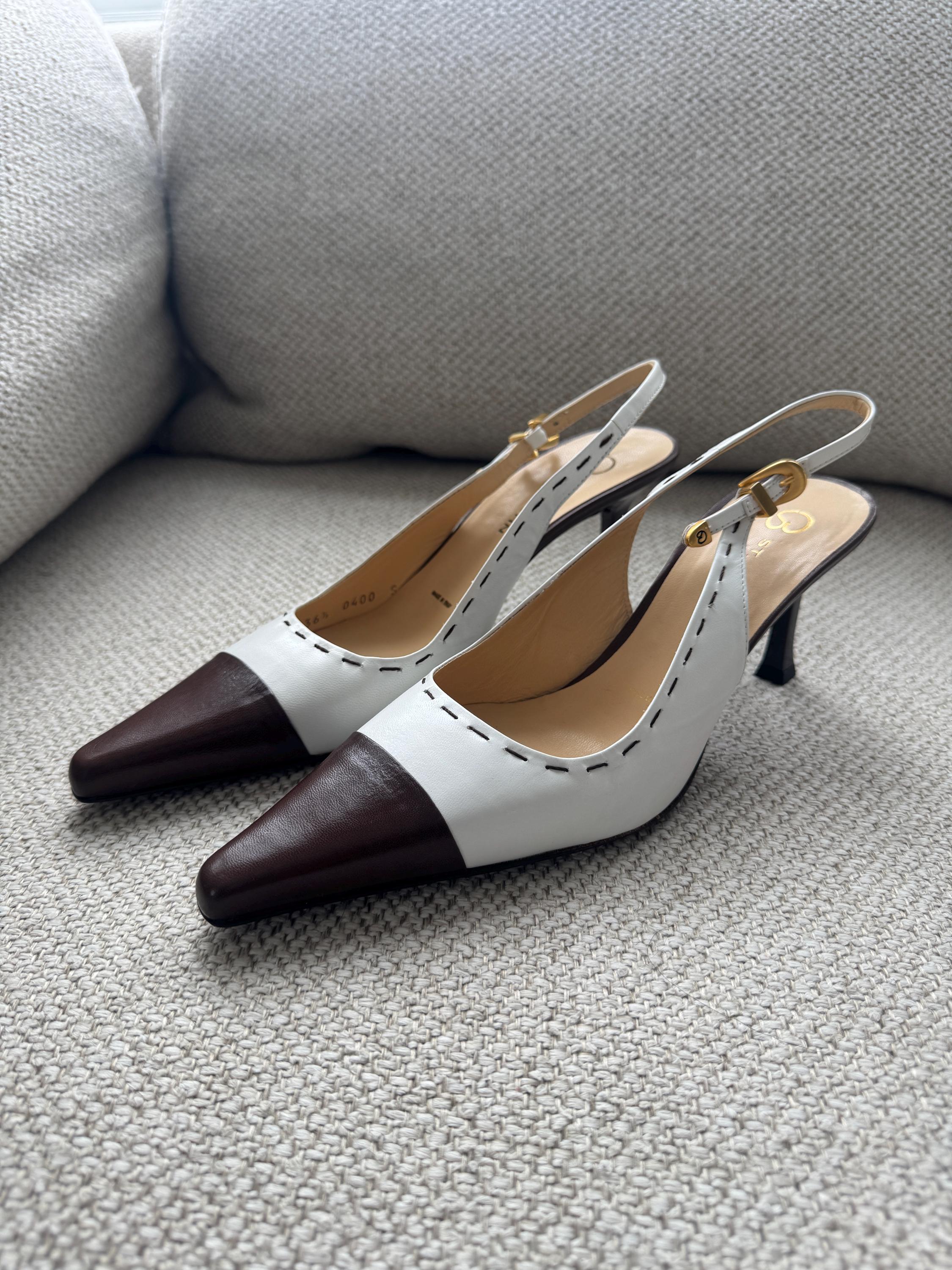 Vintage St. John Two-Tone White and Brown Slingback Heels – Size 6.5 – Made in Italy