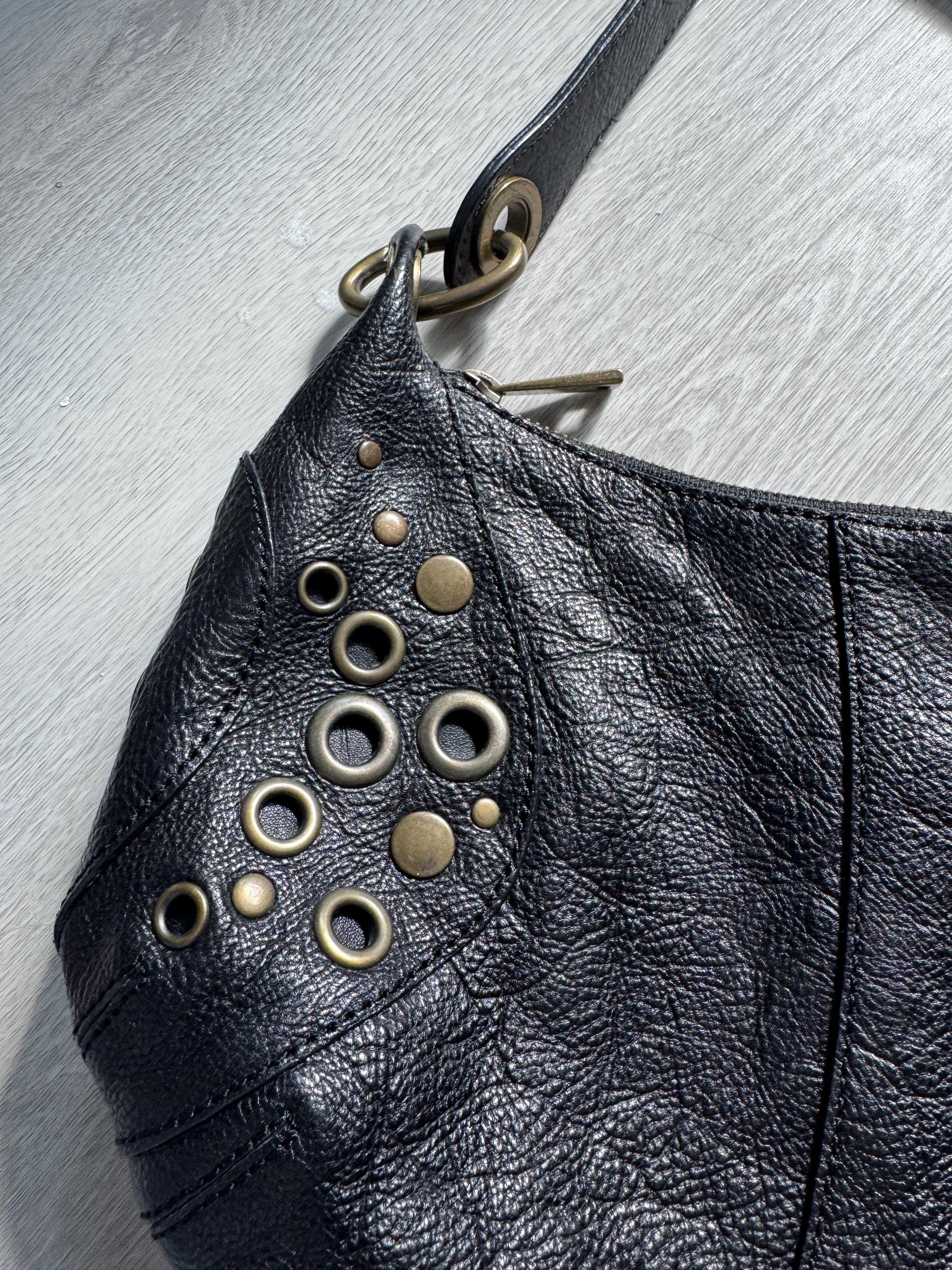 Vintage Danier Black Leather Hobo Bag – Studded Grommet Shoulder Purse