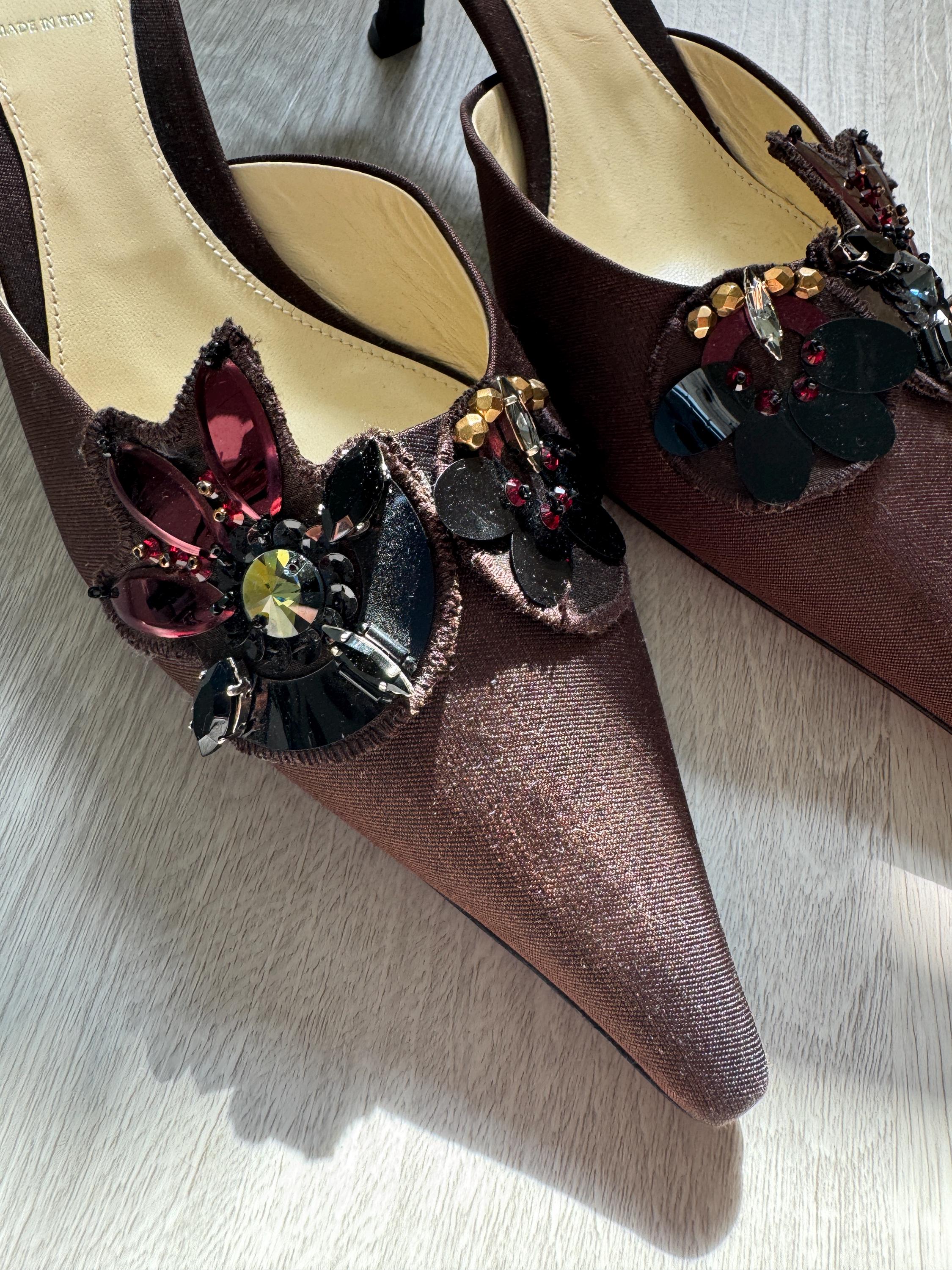 Vintage Prada Embellished Pointed Toe Mules – Brown Satin Kitten Heels with Beaded Floral Detail