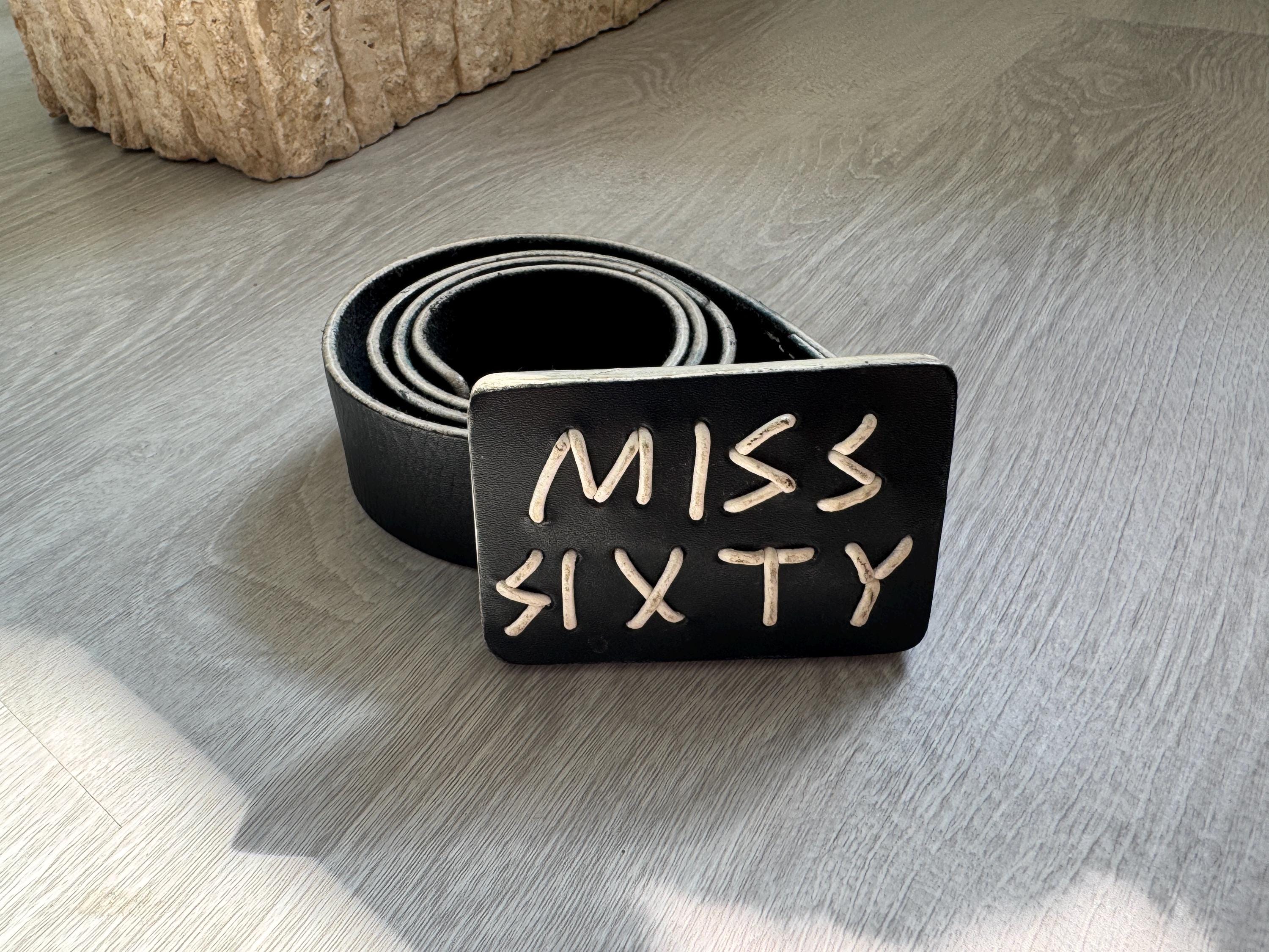 Vintage Miss Sixty Black Leather Embroidered Logo Belt