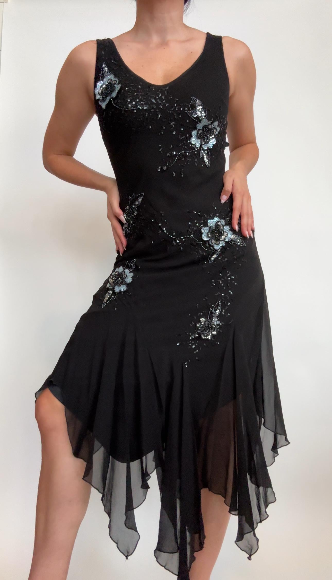 Vintage Bellessa Black Beaded Handkerchief Hem Dress 100% Silk