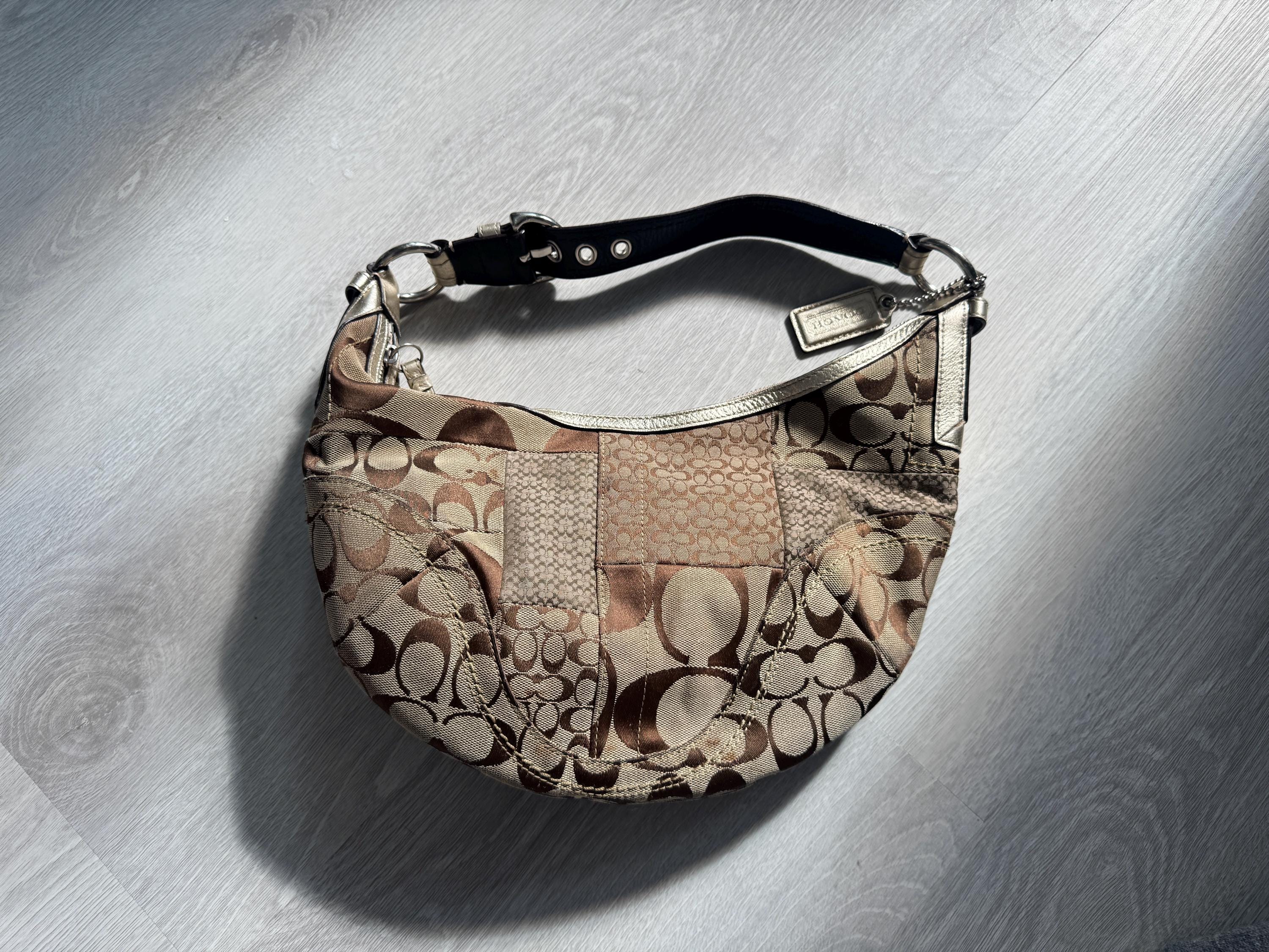 Vintage Coach Patchwork Shoulder Bag – Signature Jacquard Metallic Trim Hobo Purse