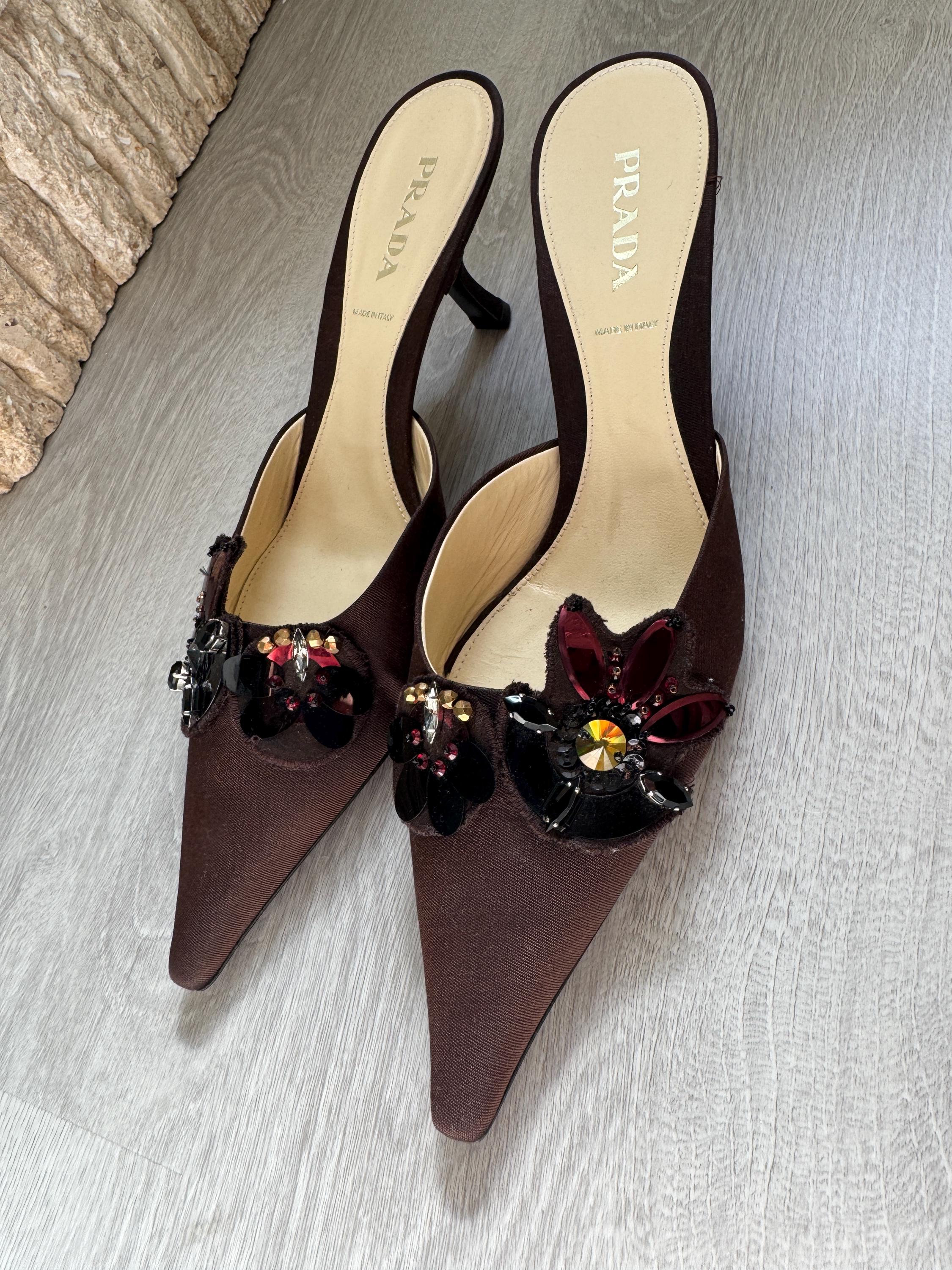 Vintage Prada Embellished Pointed Toe Mules – Brown Satin Kitten Heels with Beaded Floral Detail