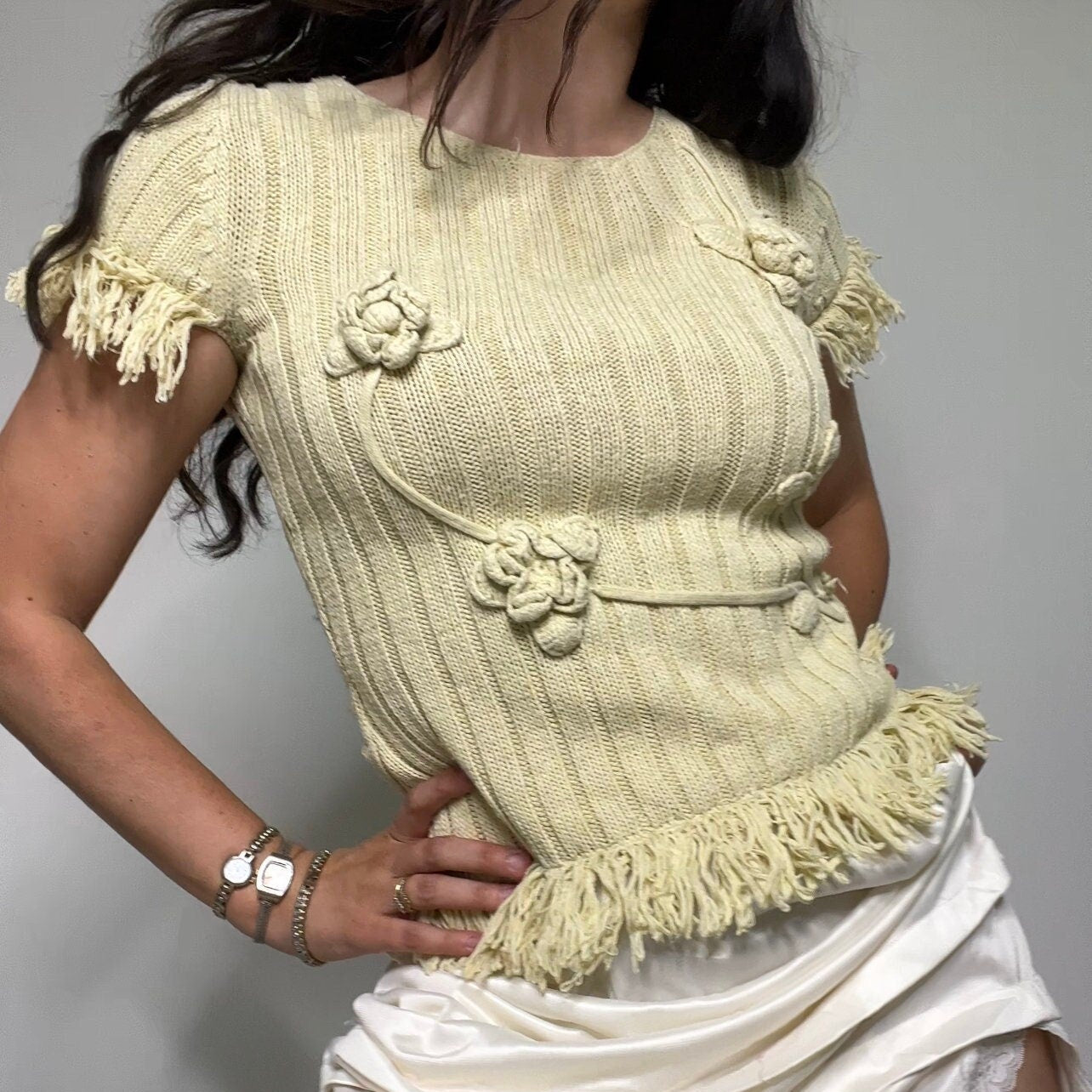 Vintage Y2K Boho Knit Flower Baby Tee