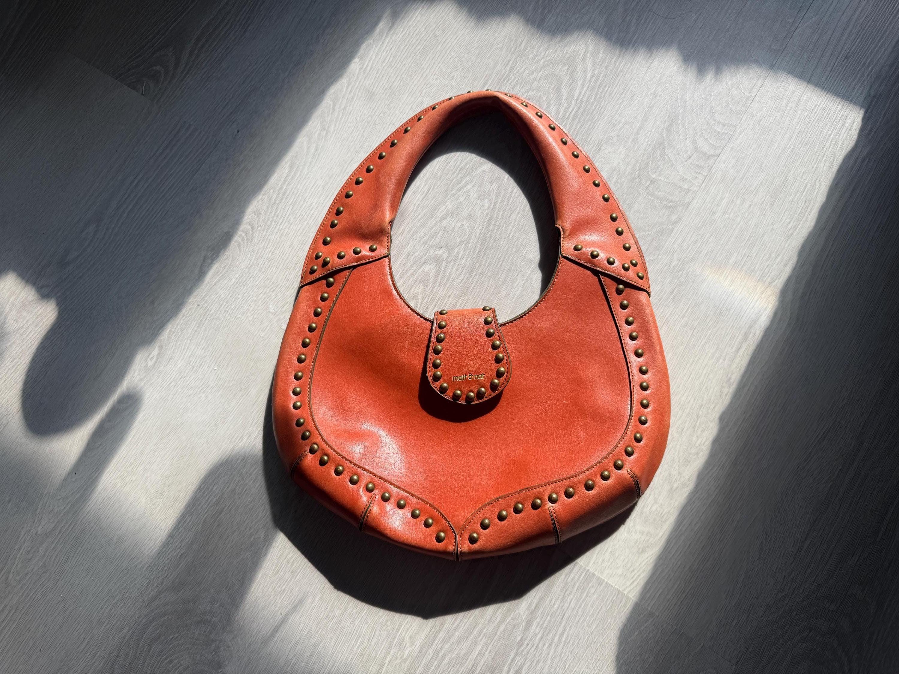 Vintage Matt & Nat Vegan Leather Hobo Bag: Rust Red Studded Shoulder Purse
