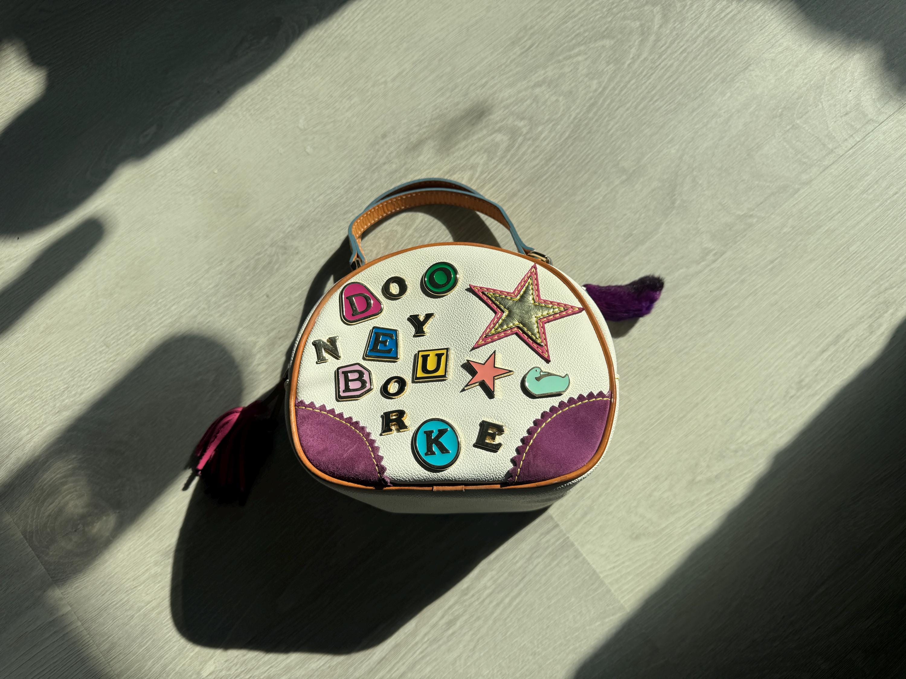 Y2K Dooney & Bourke Sticker Patch Satchel - White Leather Top Handle Bag