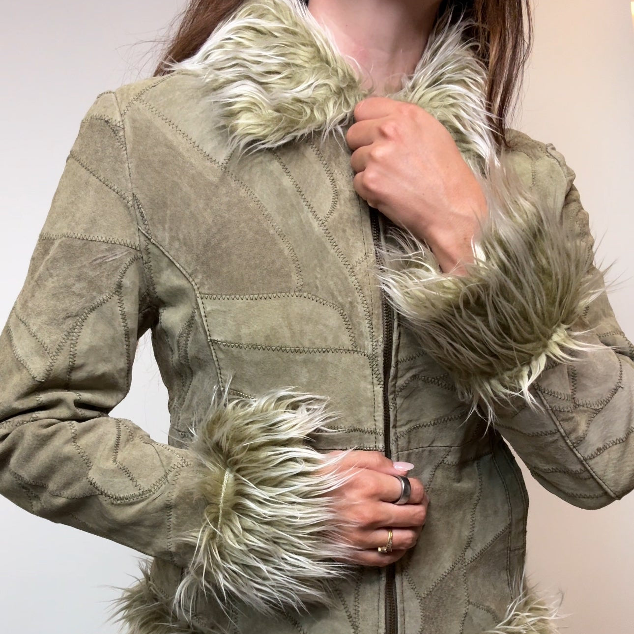Vintage Faux Fur Trim Penny Lane Coat in Olive Suede