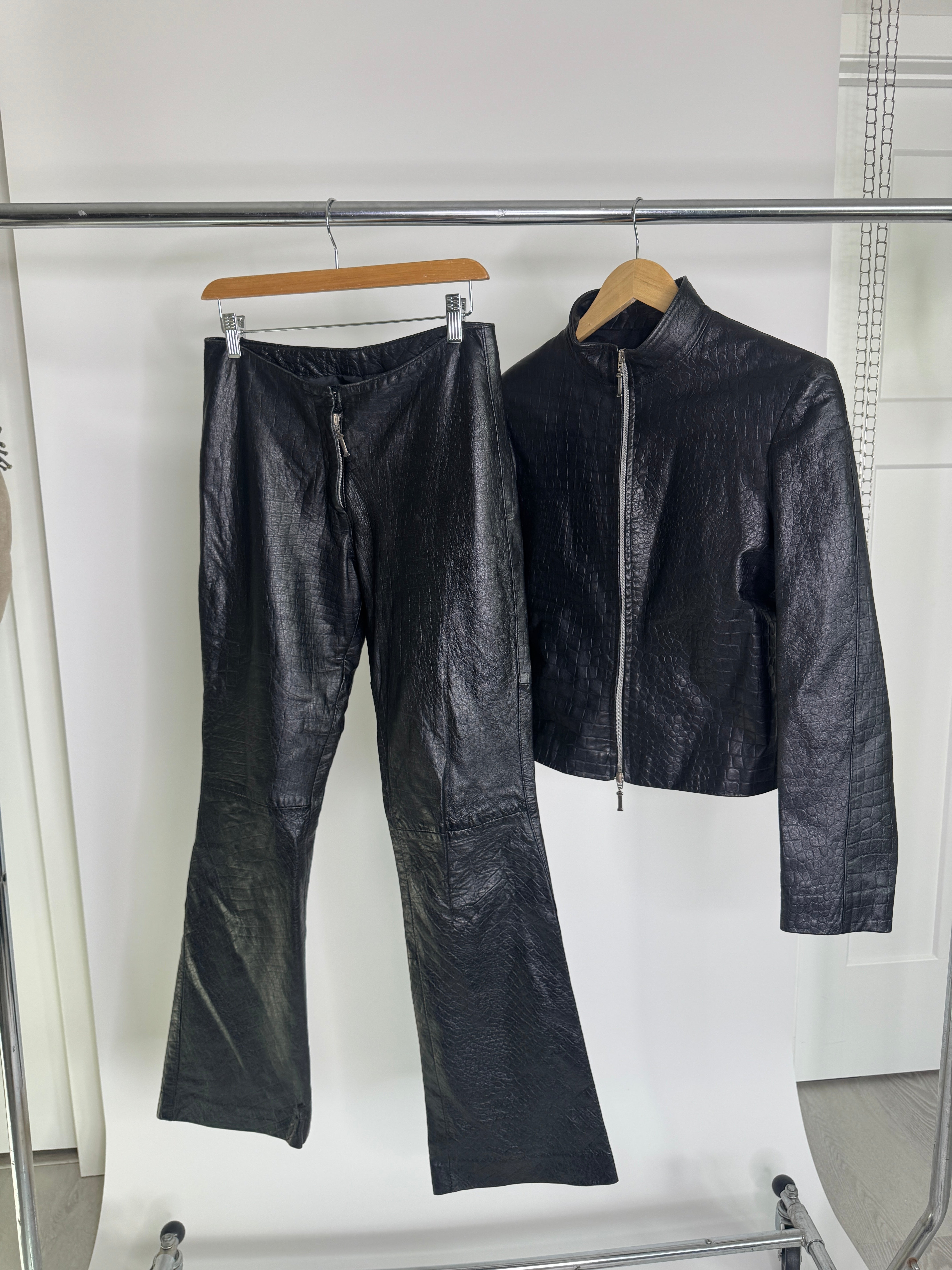 Vintage Italian Leather Croc-Embossed Jacket & Pant Set by Ottavio Piragino