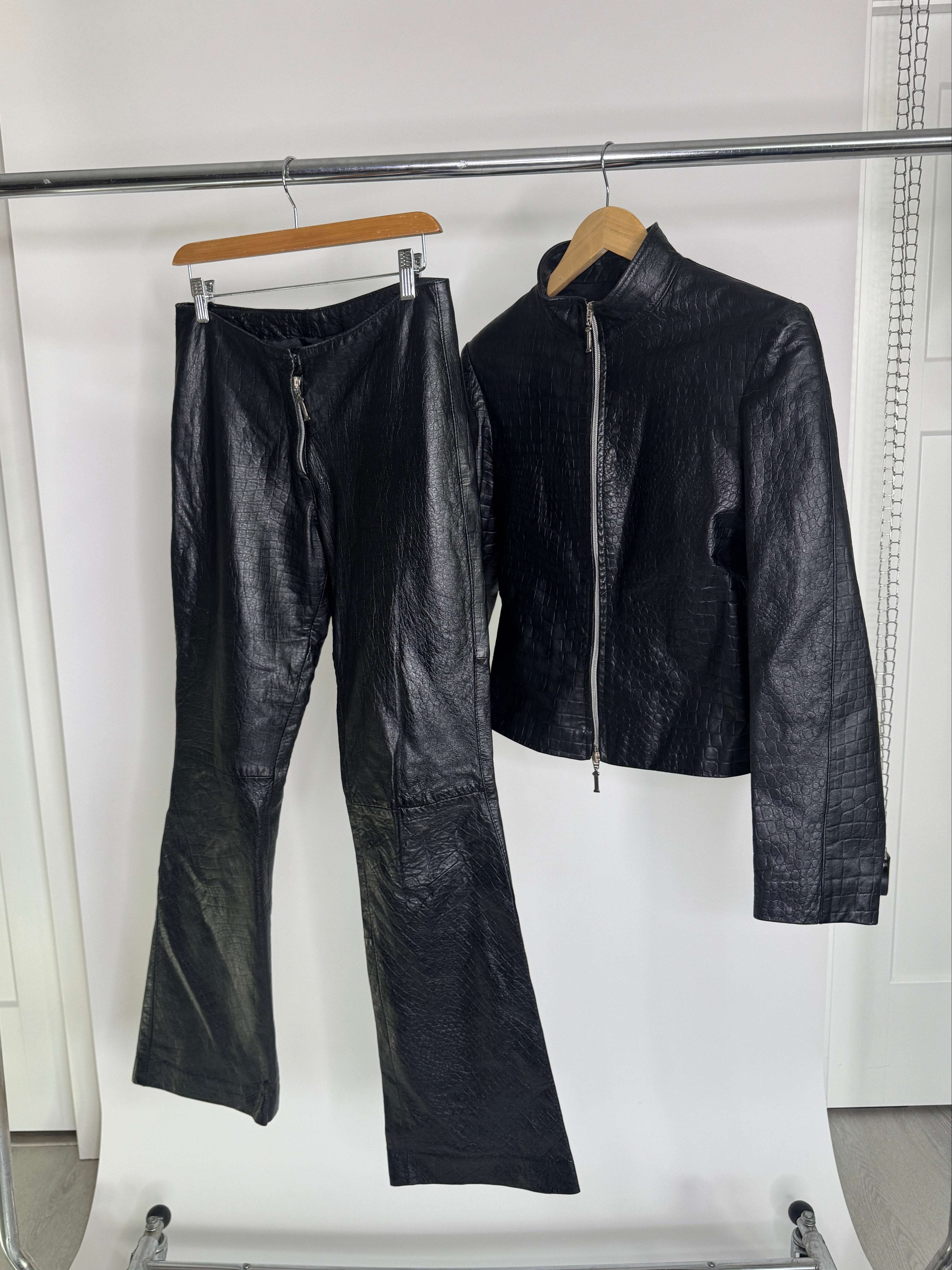 Vintage Italian Leather Croc-Embossed Jacket & Pant Set by Ottavio Piragino