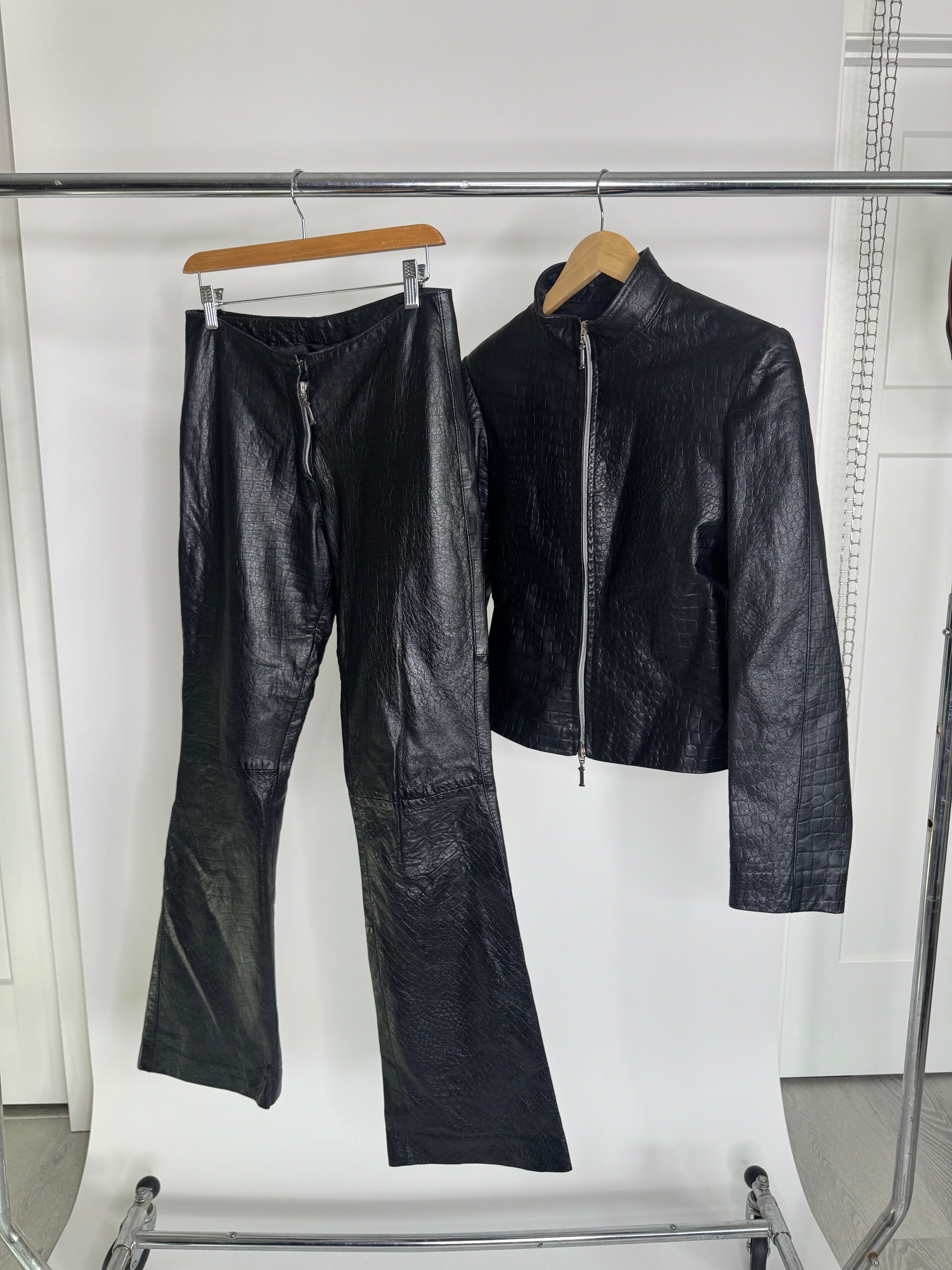 Vintage Italian Leather Croc-Embossed Jacket & Pant Set by Ottavio Piragino