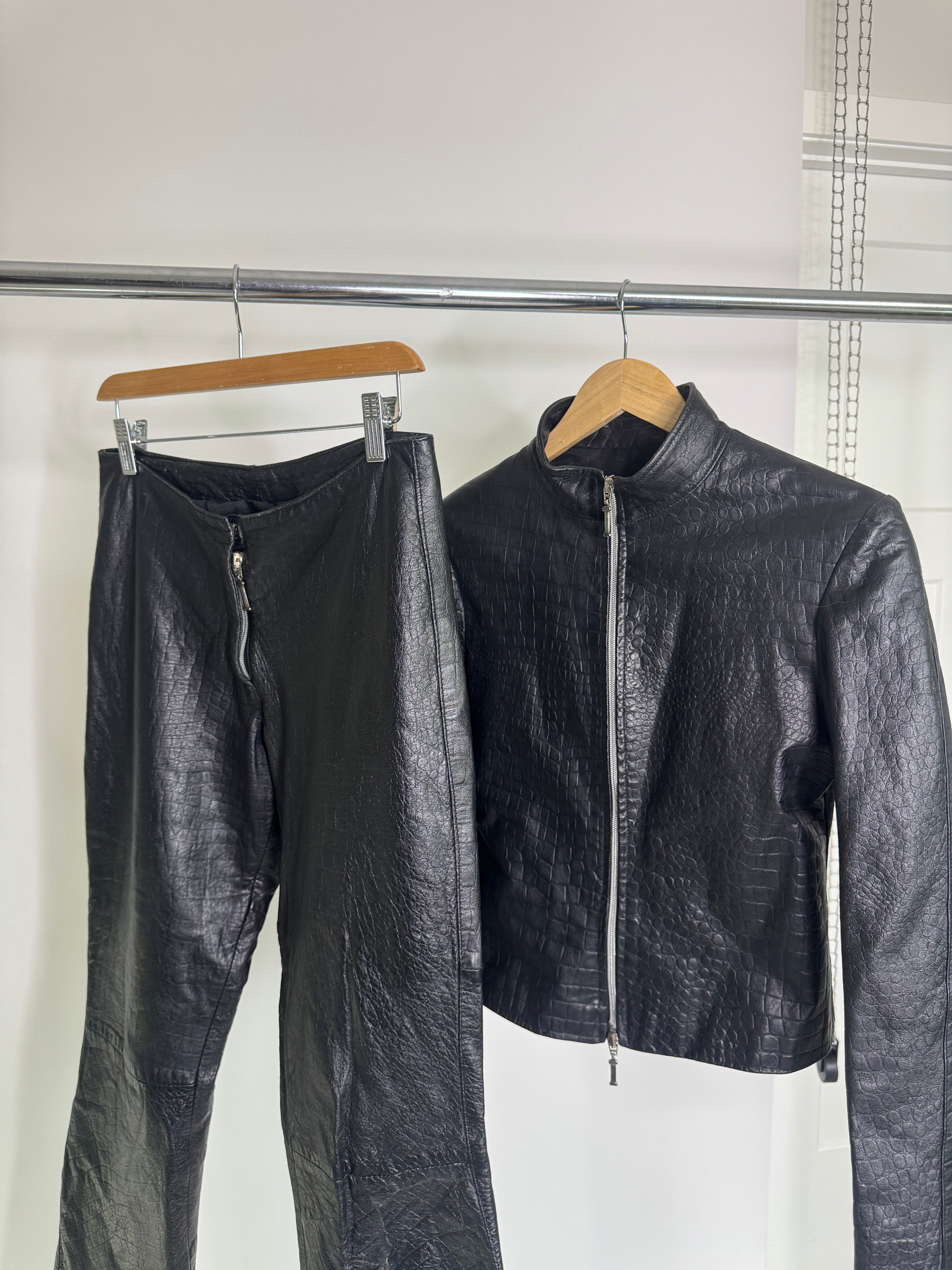 Vintage Italian Leather Croc-Embossed Jacket & Pant Set by Ottavio Piragino