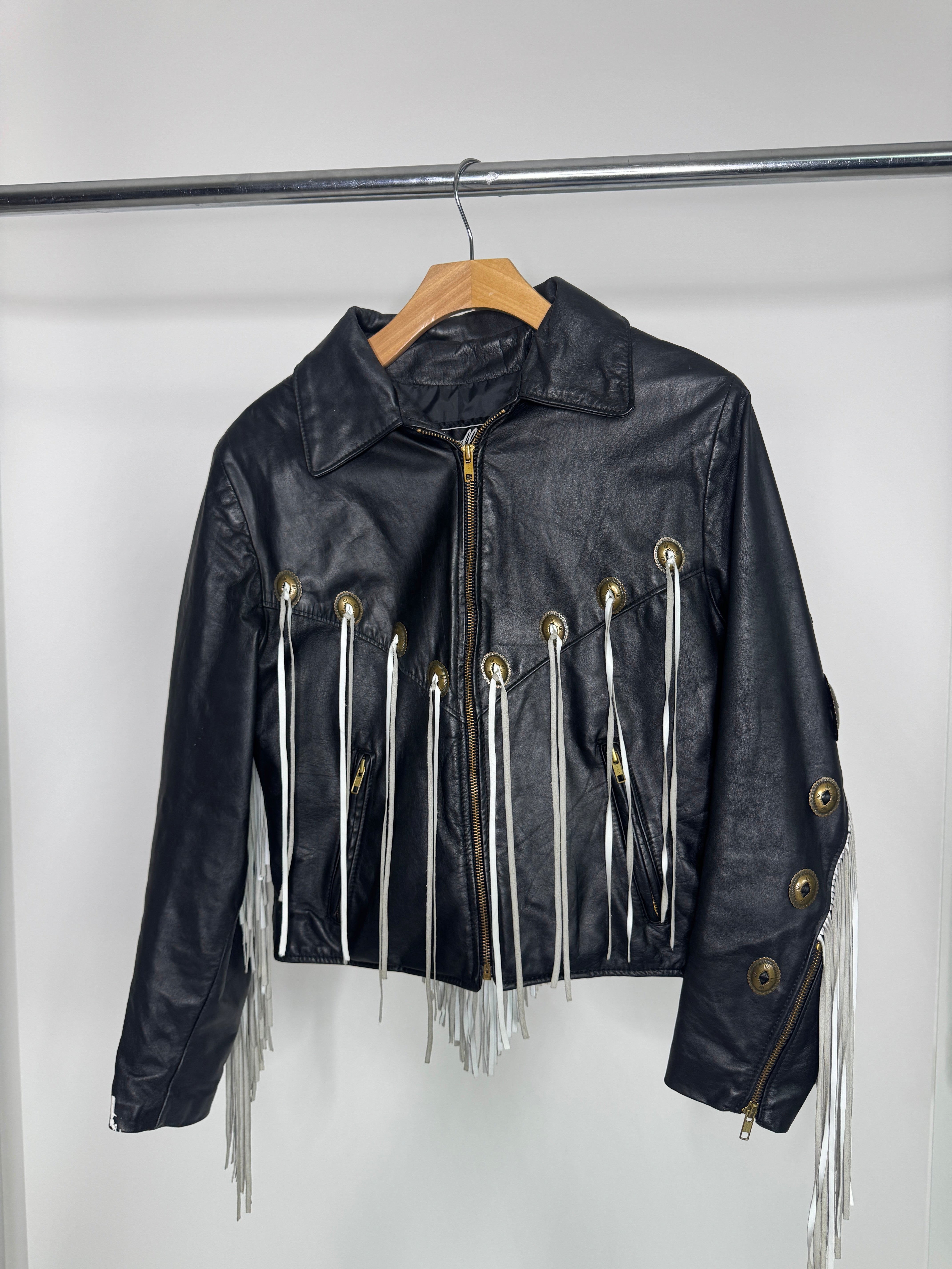 Vintage Dallas Leathers Black Fringe Jacket with Silver Western Studs