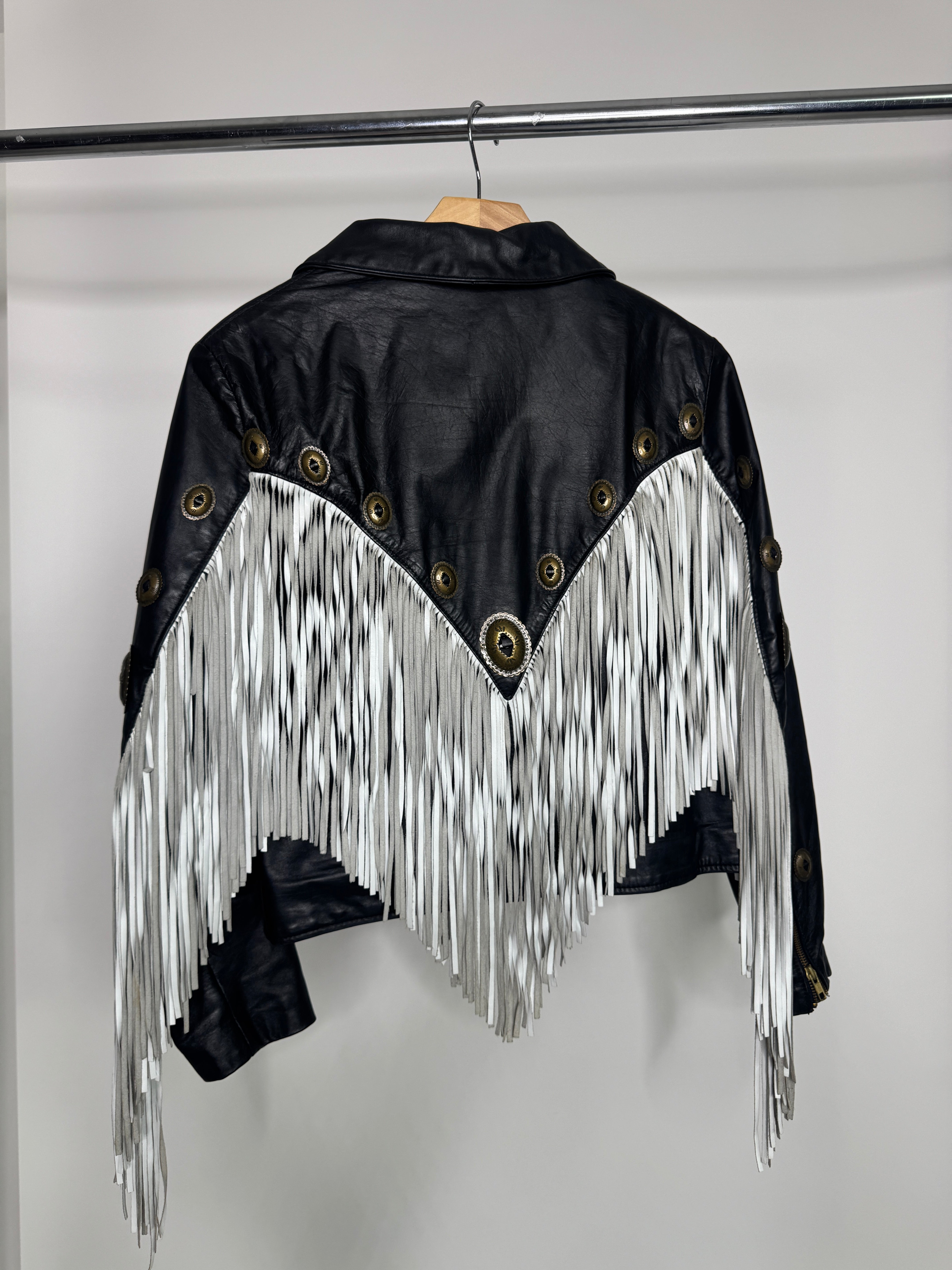 Vintage Dallas Leathers Black Fringe Jacket with Silver Western Studs