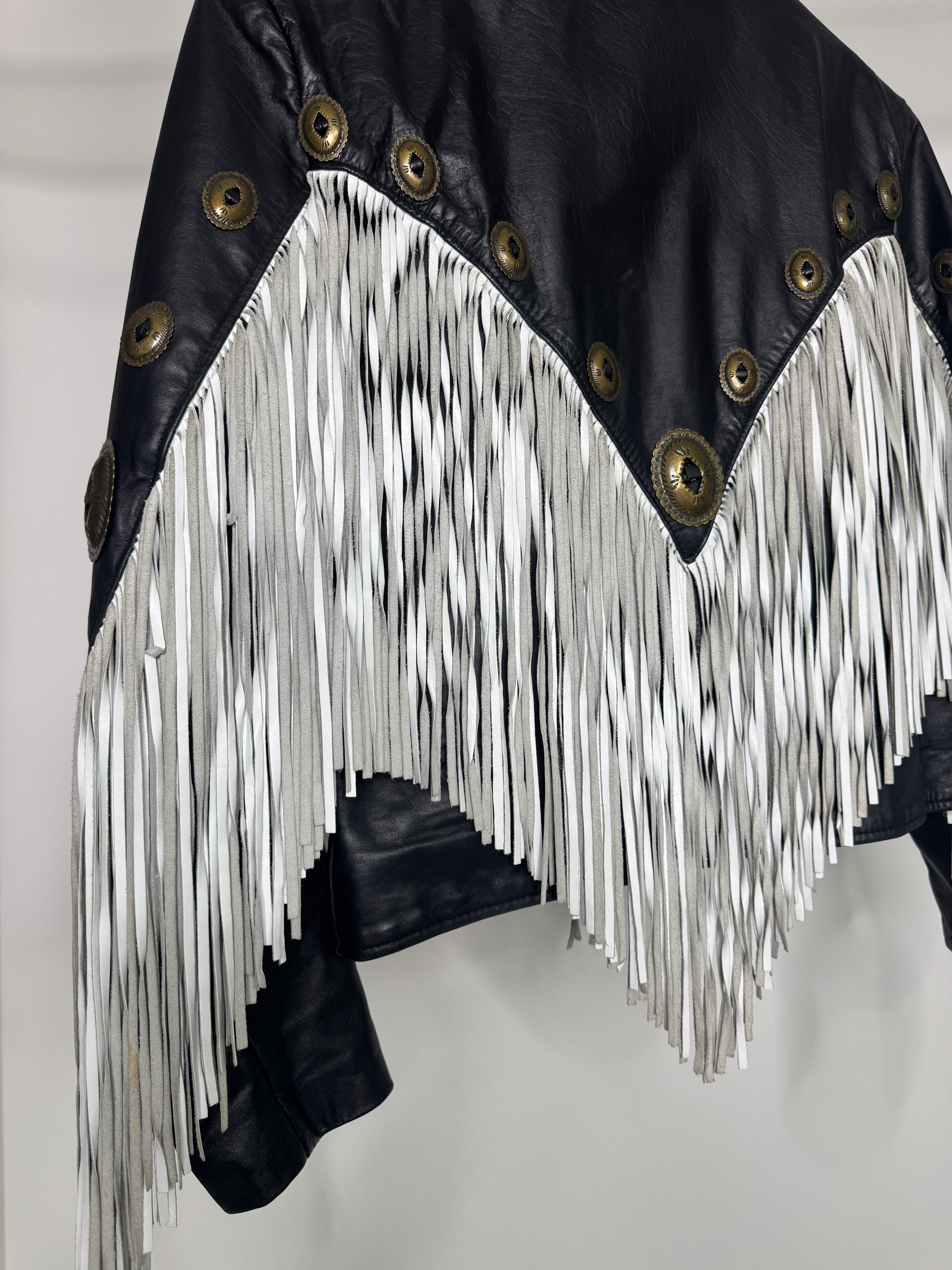 Vintage Dallas Leathers Black Fringe Jacket with Silver Western Studs