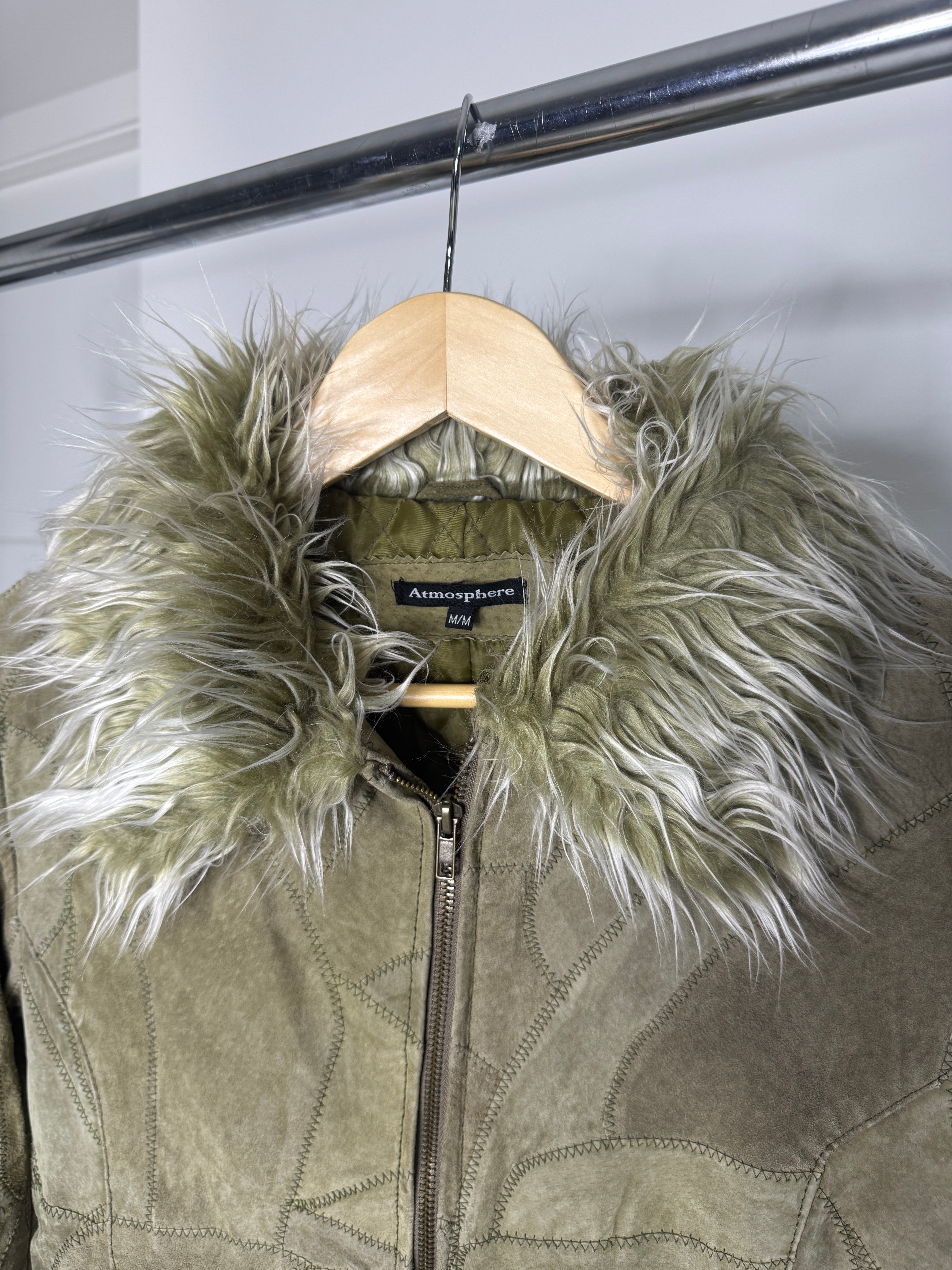 Vintage Faux Fur Trim Penny Lane Coat in Olive Suede