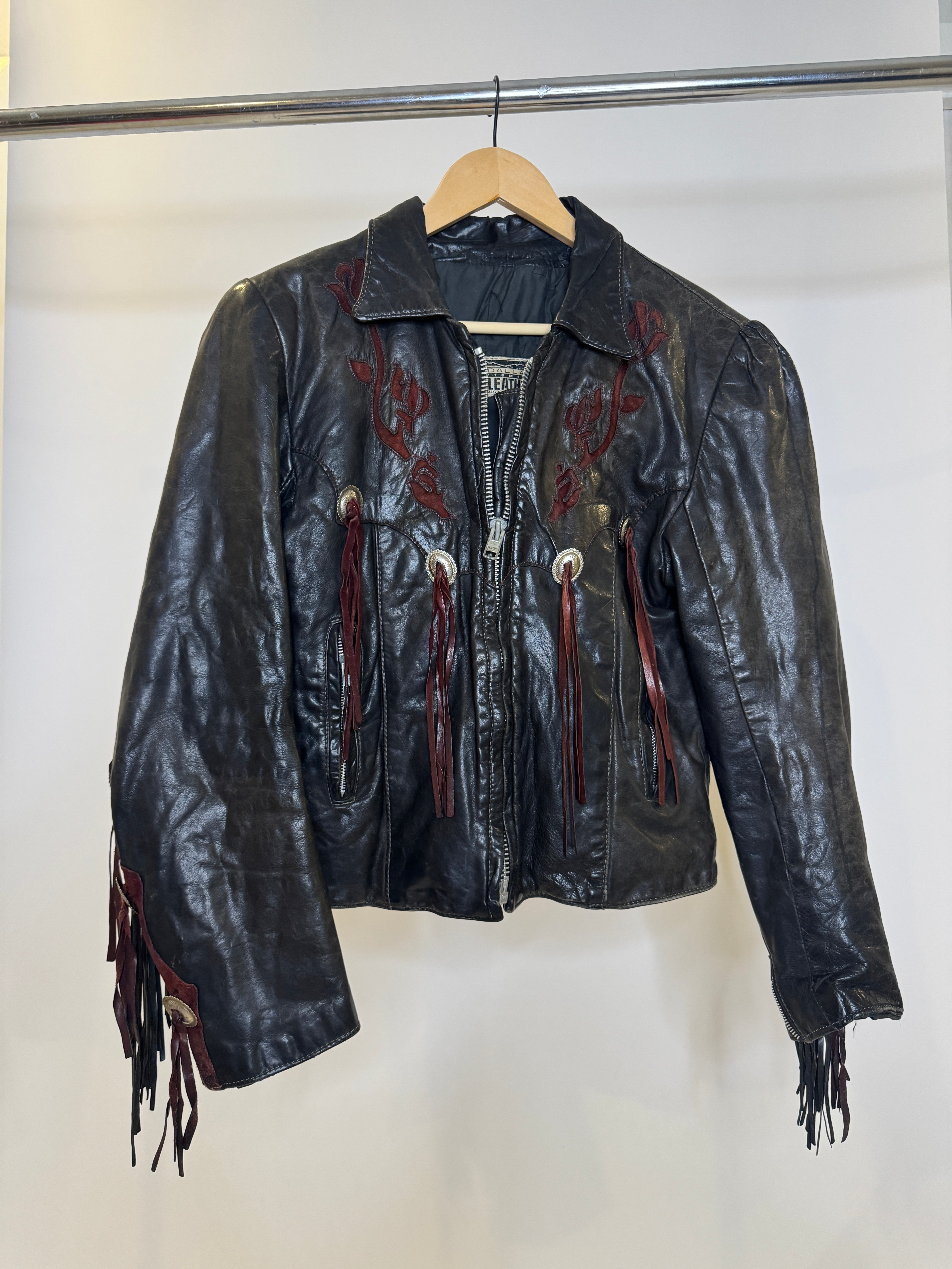 Vintage Dallas Leathers Black Fringe Jacket with Rose Embroidery & Conchos