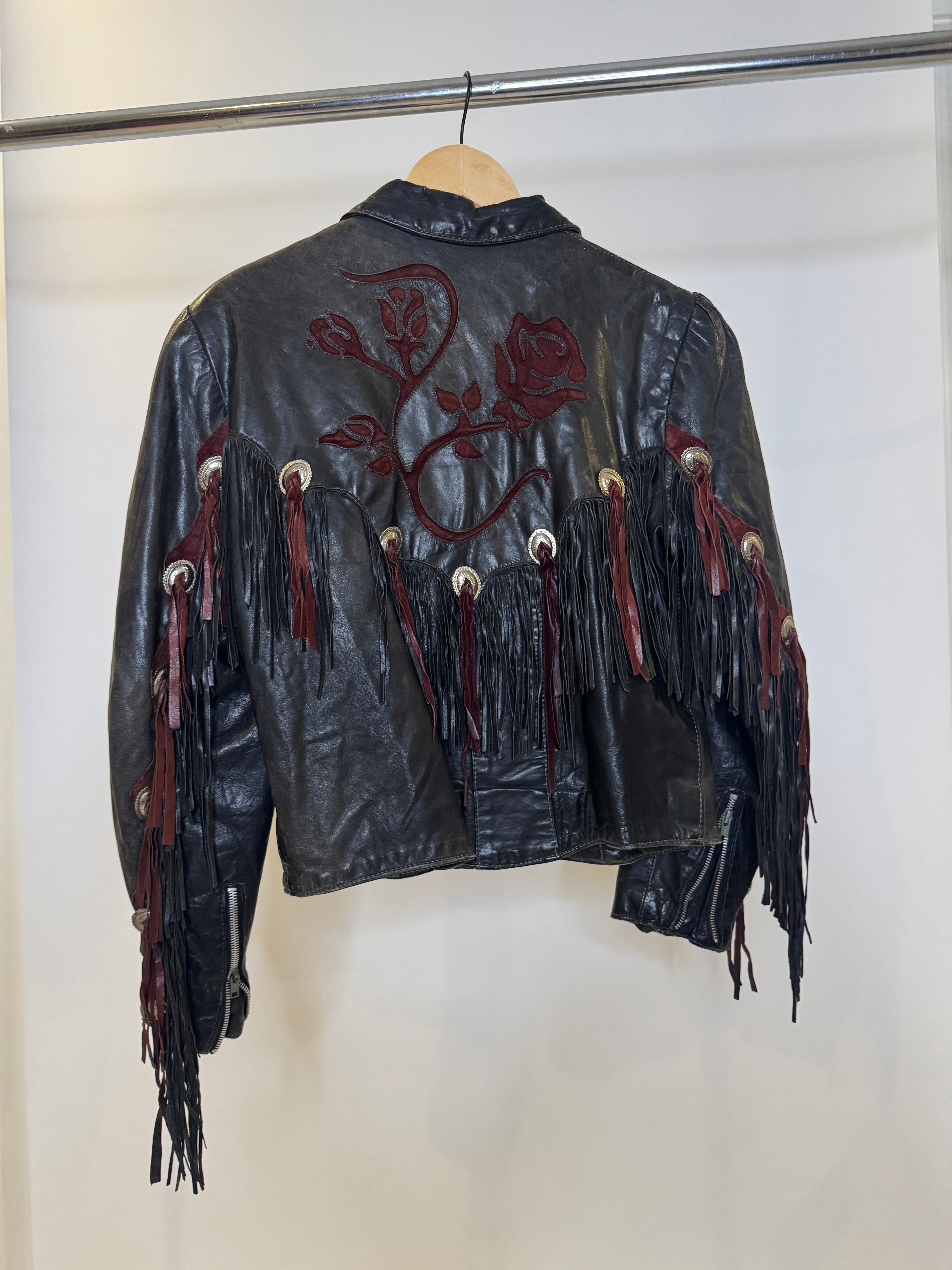 Vintage Dallas Leathers Black Fringe Jacket with Rose Embroidery & Conchos