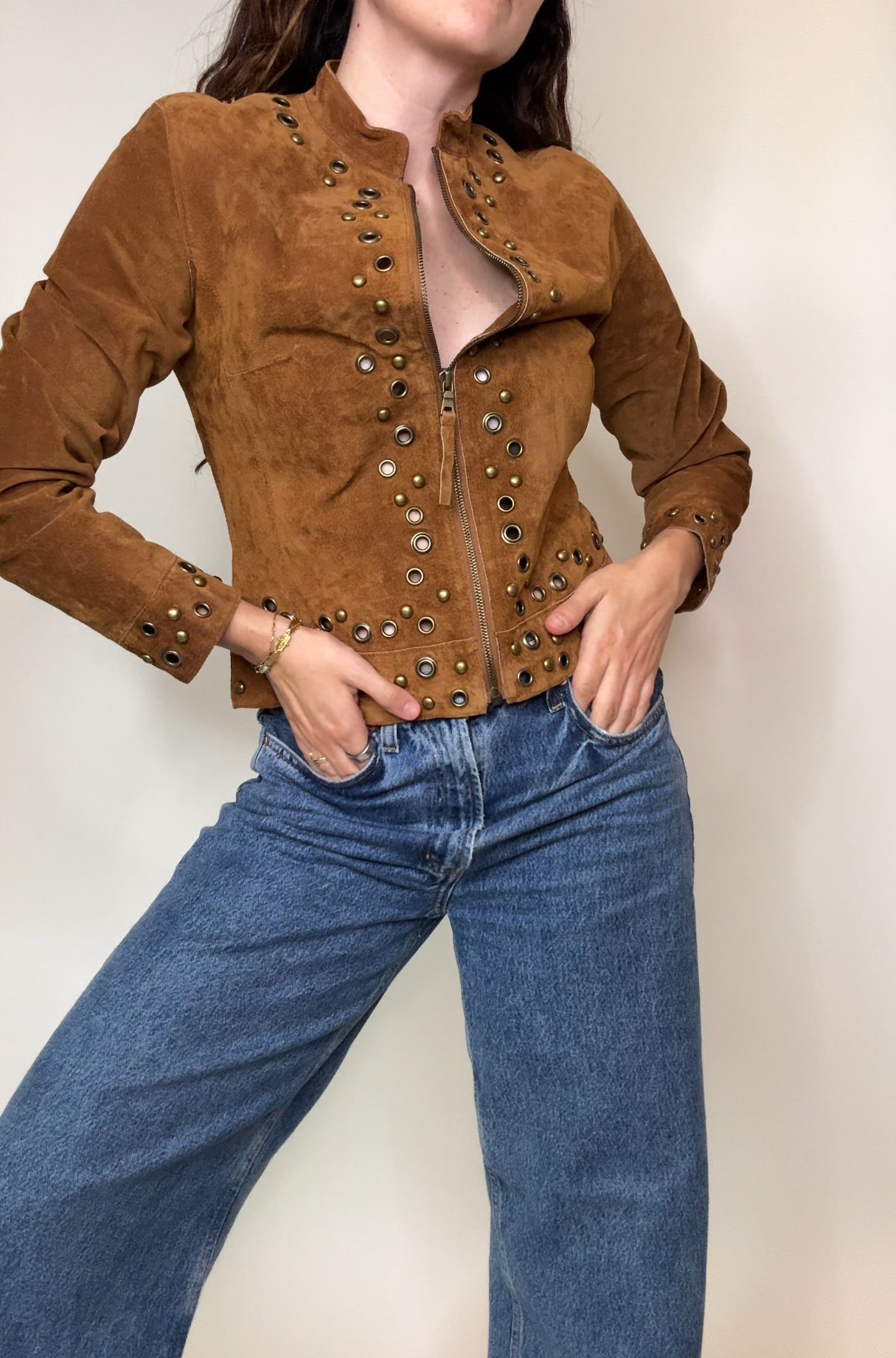 Vintage Moda International Suede Grommet Jacket in Caramel Brown