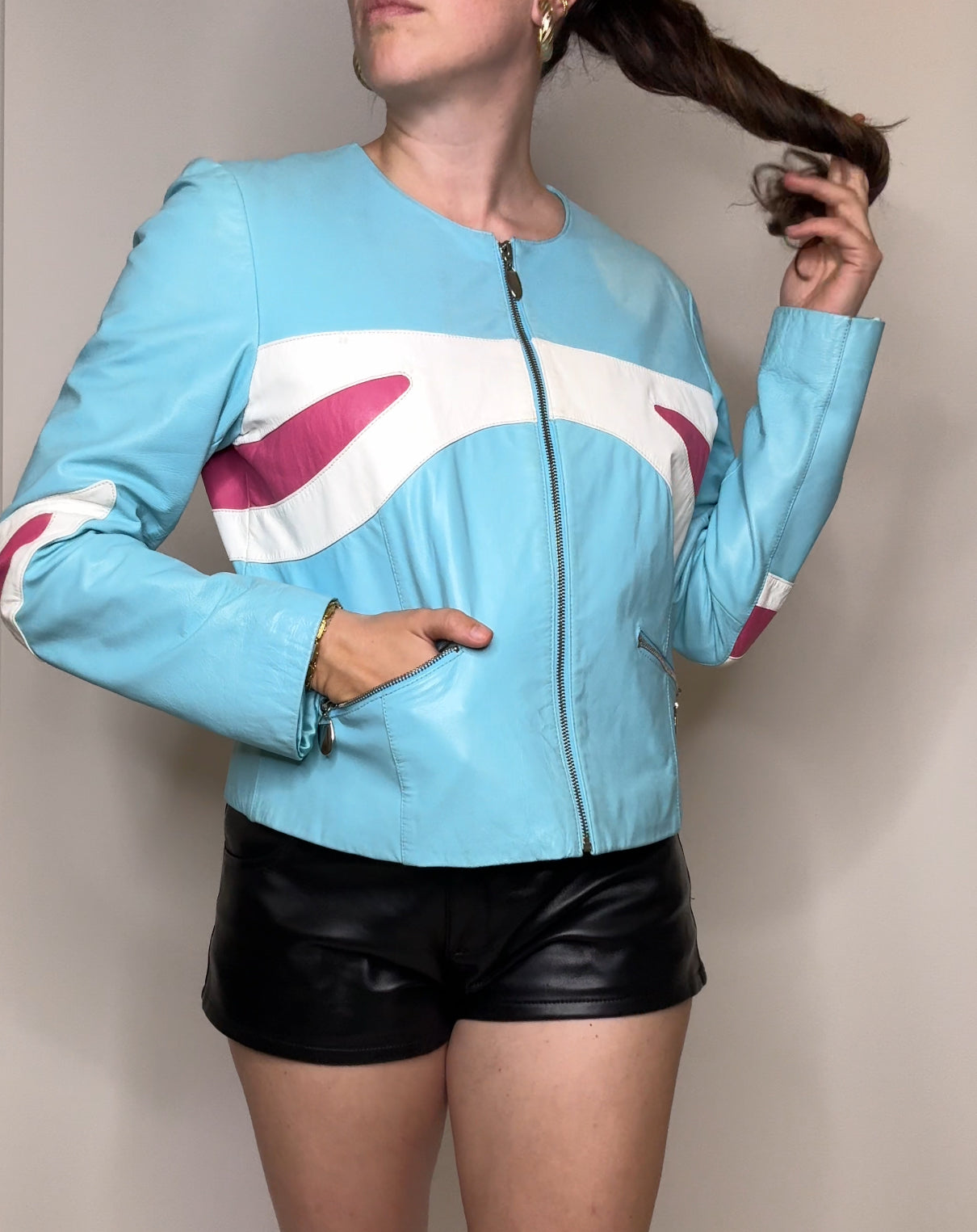 Vintage Danier Baby Blue and Pink Leather Moto Jacket