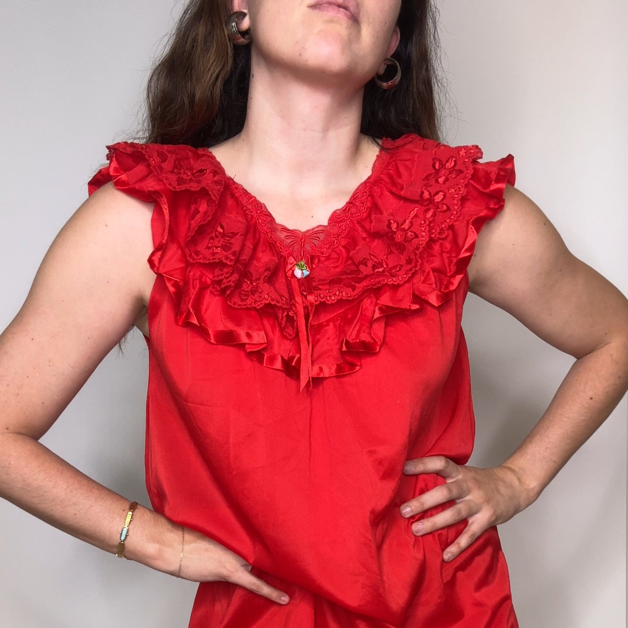 Vintage Chery Red Ruffled Lace Nightgown