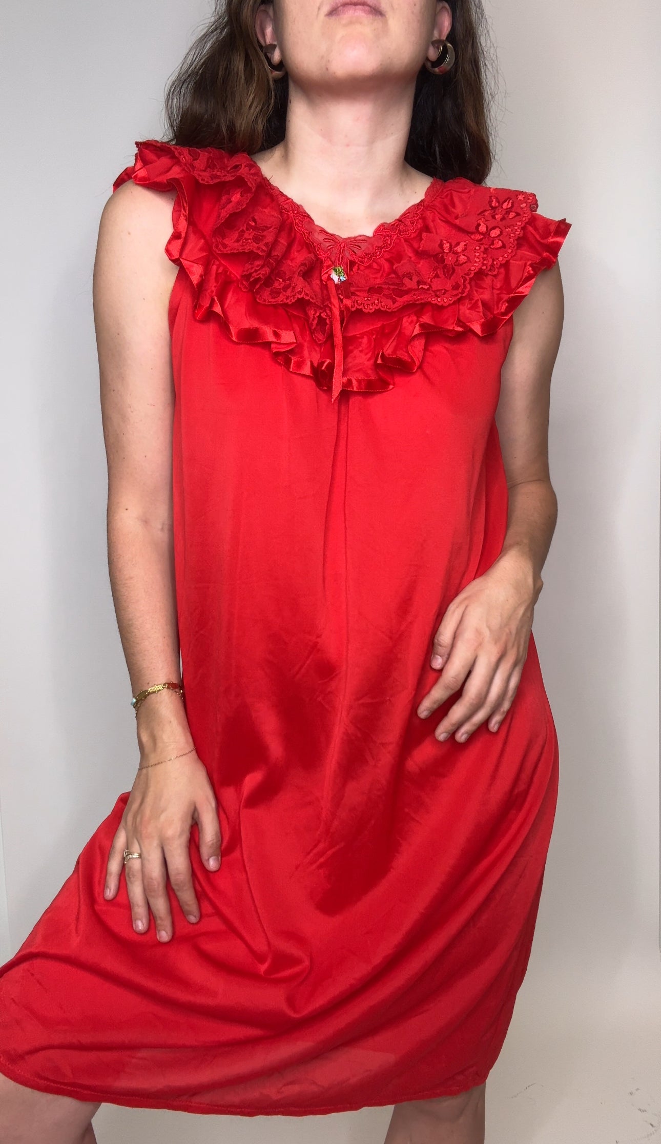 Vintage Chery Red Ruffled Lace Nightgown