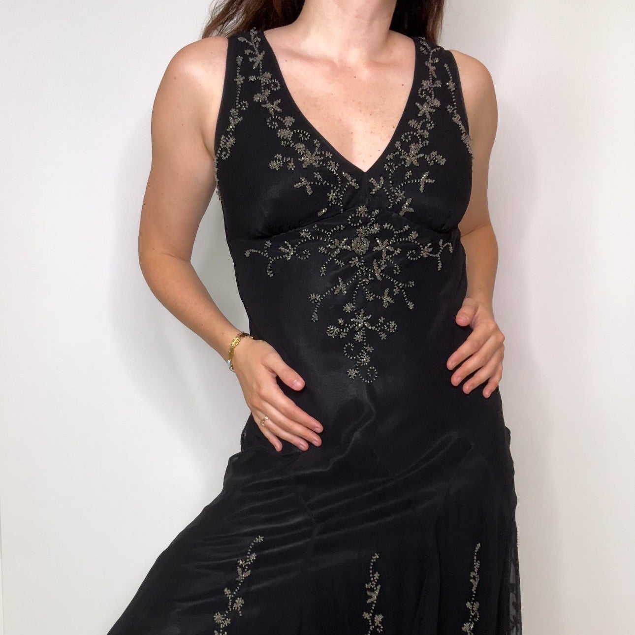 Vintage Adrianna Papell Beaded Chiffon Dress with Black Floral Embroidery