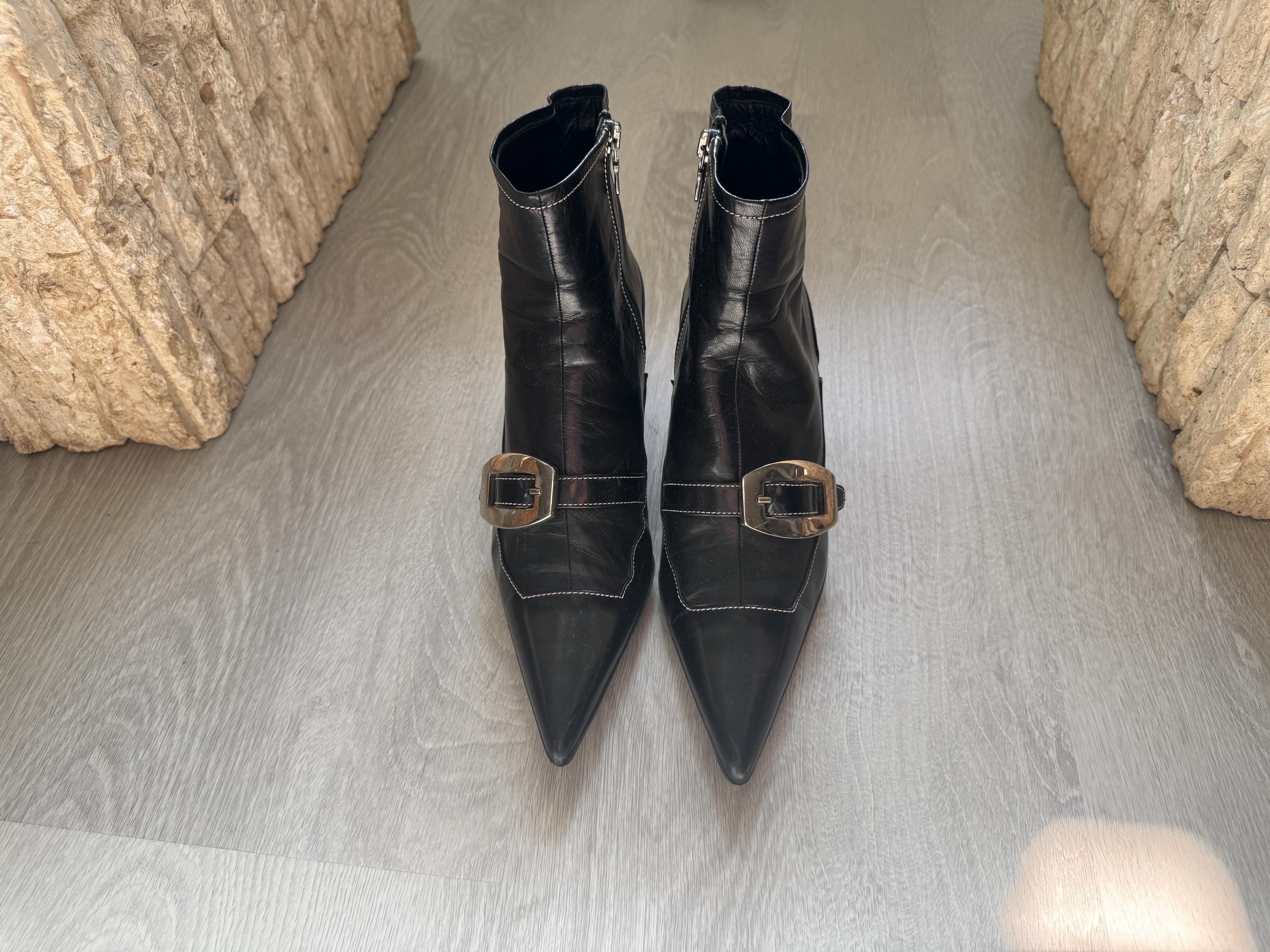 Vintage Prada Black Leather Boots Pointed Toe Ankle Boots with Buckle Detail