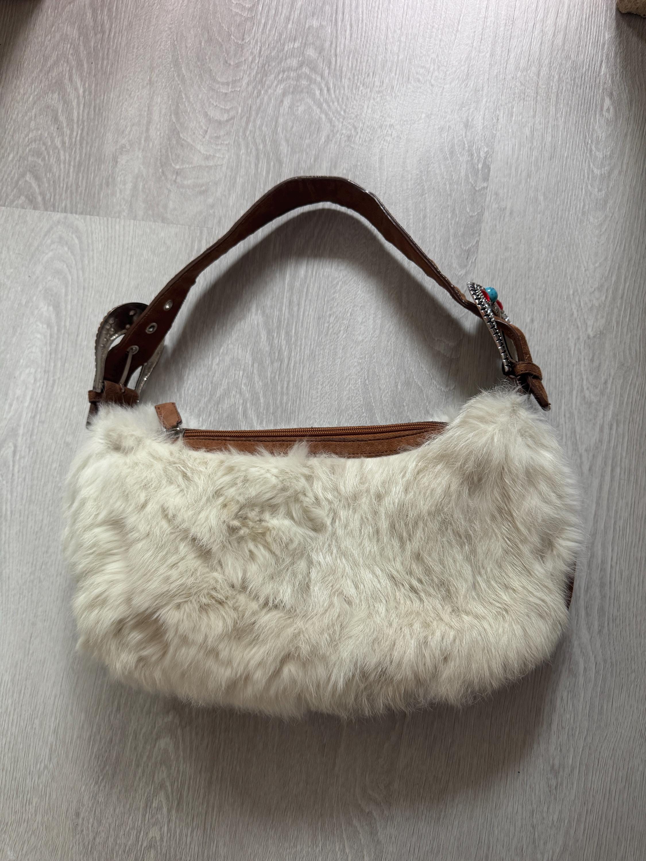 Vintage Rabbit Fur Baguette Bag: Brown Suede Western Purse with Turquoise Accents