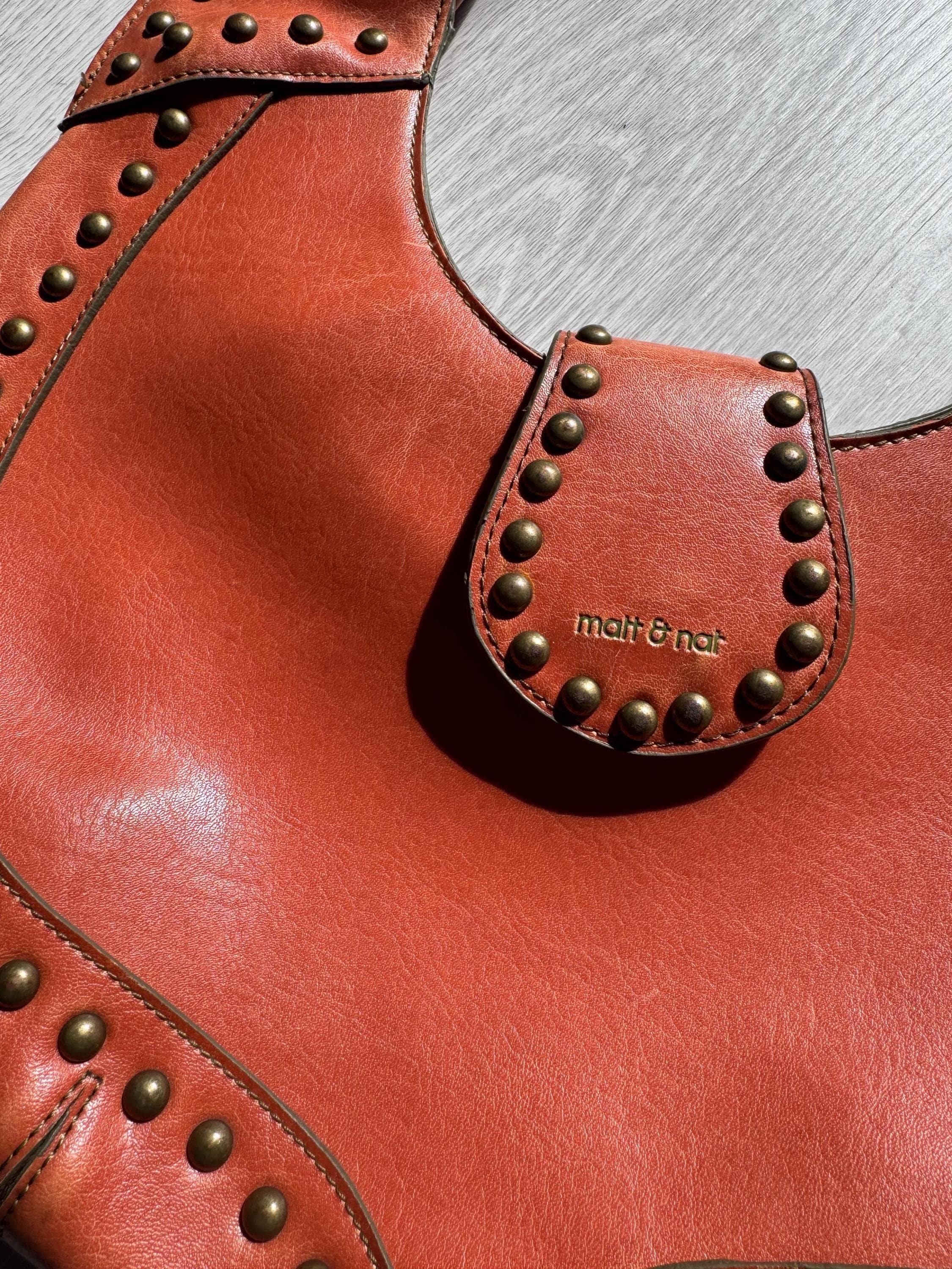 Vintage Matt & Nat Vegan Leather Hobo Bag: Rust Red Studded Shoulder Purse