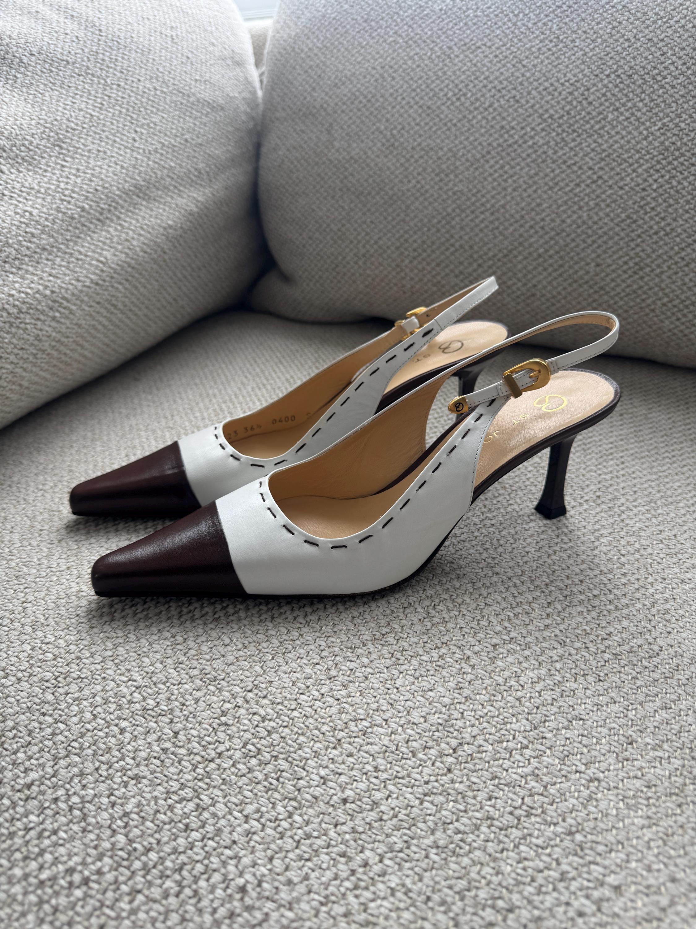 Vintage St. John Two-Tone White and Brown Slingback Heels – Size 6.5 – Made in Italy
