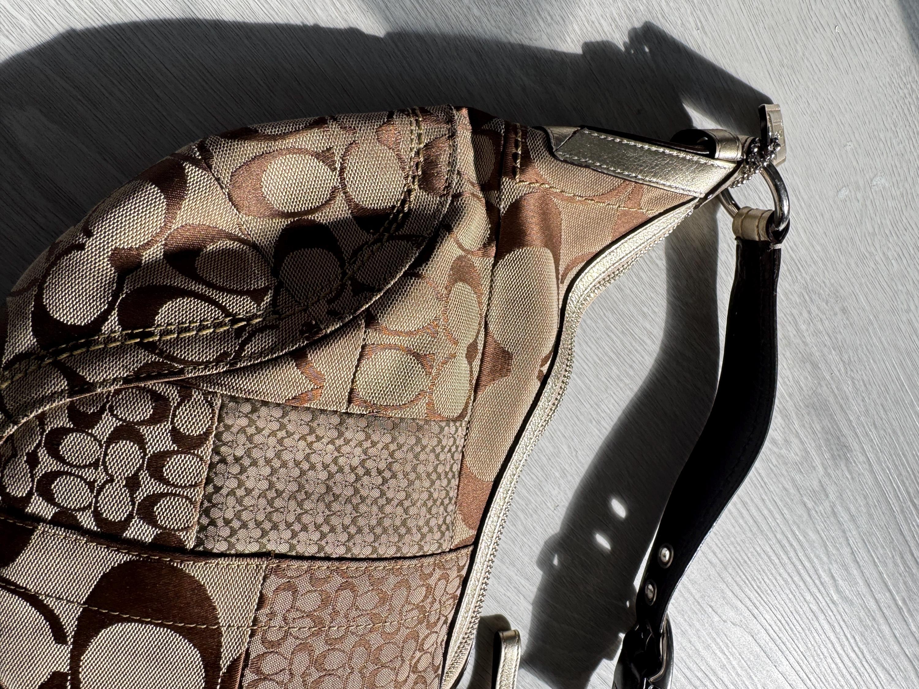 Vintage Coach Patchwork Shoulder Bag – Signature Jacquard Metallic Trim Hobo Purse