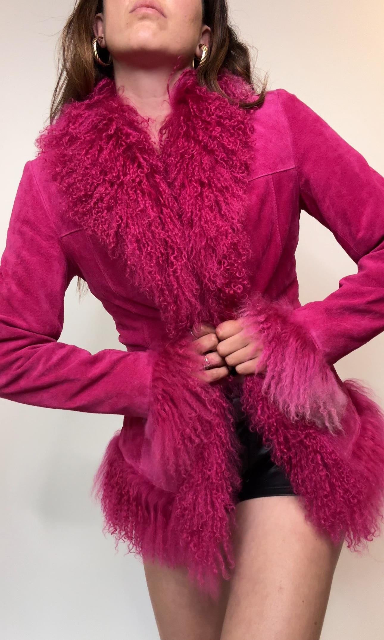 Danier Vintage Suede Shearling Penny Lane Jacket – Fuchsia Pink Mongolian Trim