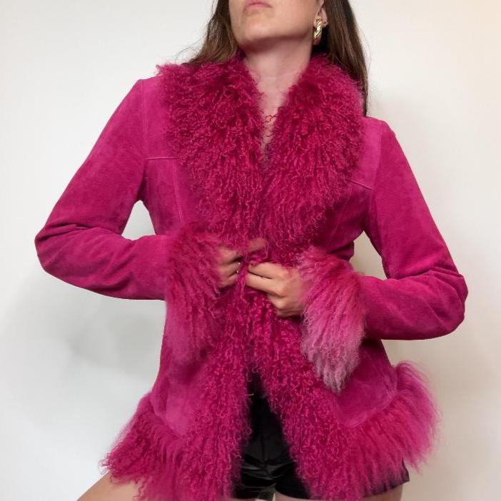 Danier Vintage Suede Shearling Penny Lane Jacket – Fuchsia Pink Mongolian Trim