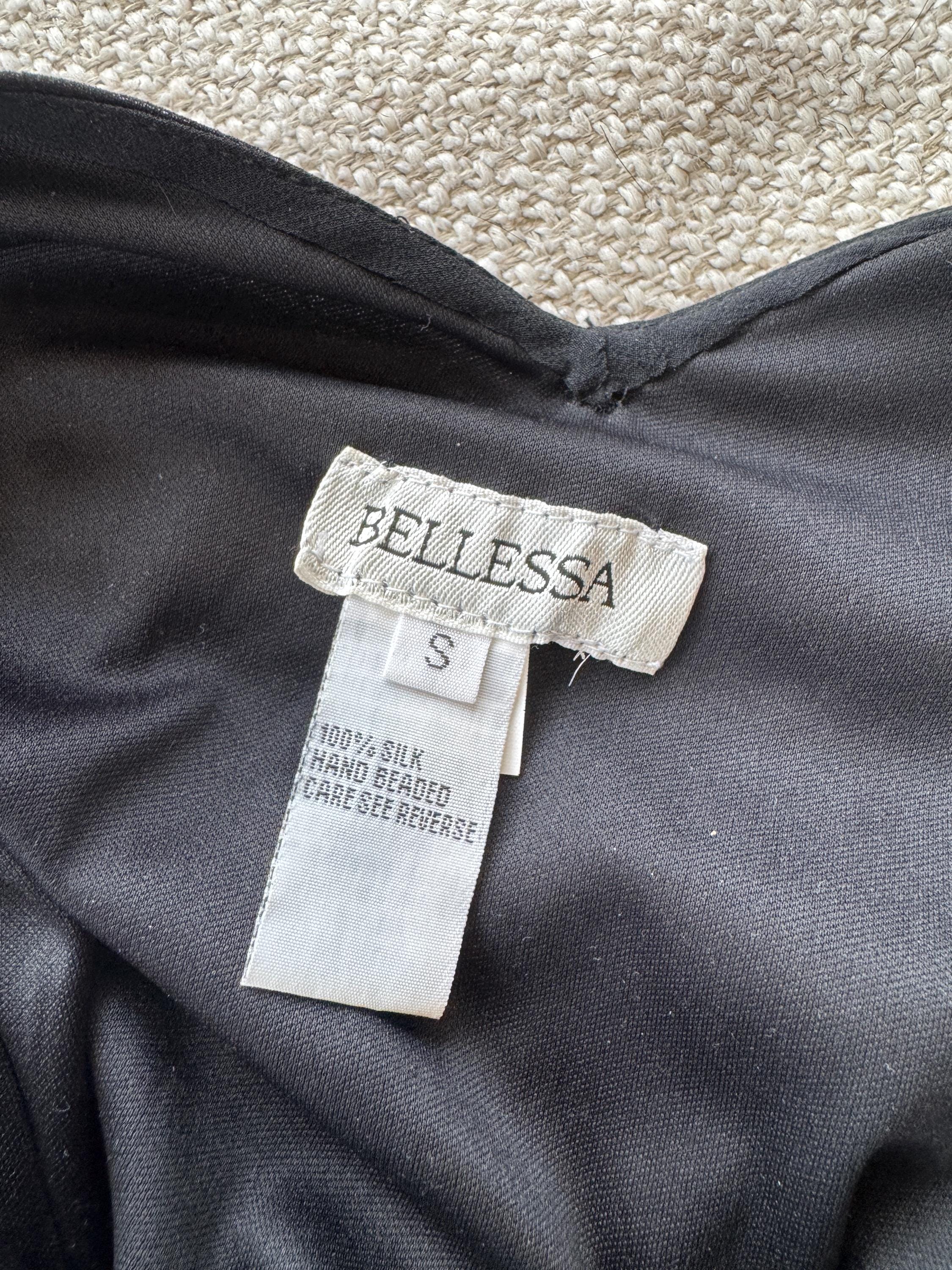 Vintage Bellessa Black Beaded Handkerchief Hem Dress 100% Silk