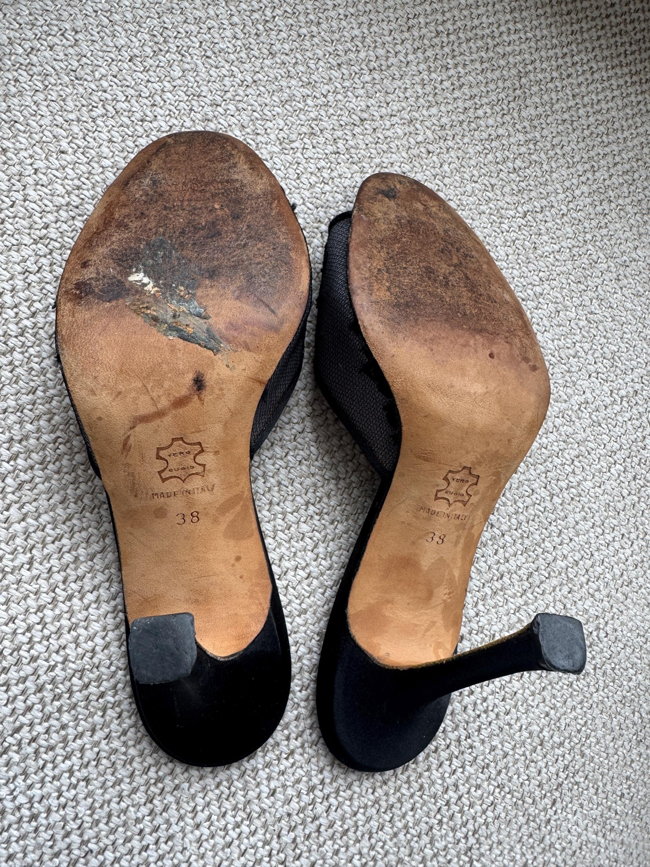Vintage Manolo Blahnik Black Lace Mules – Rare Italian Designer Heels