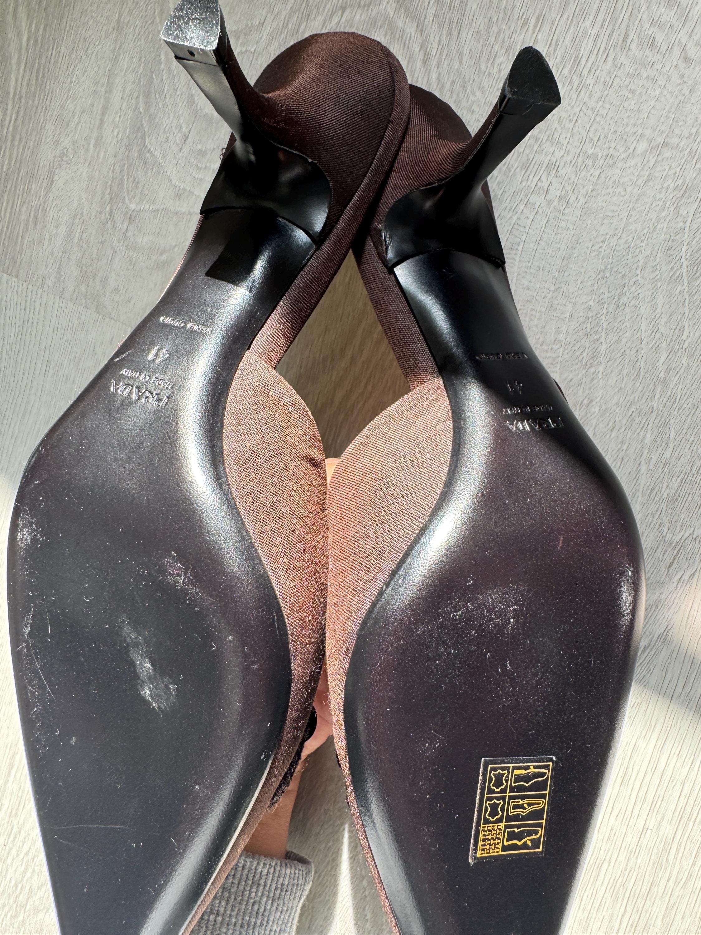 Vintage Prada Embellished Pointed Toe Mules – Brown Satin Kitten Heels with Beaded Floral Detail