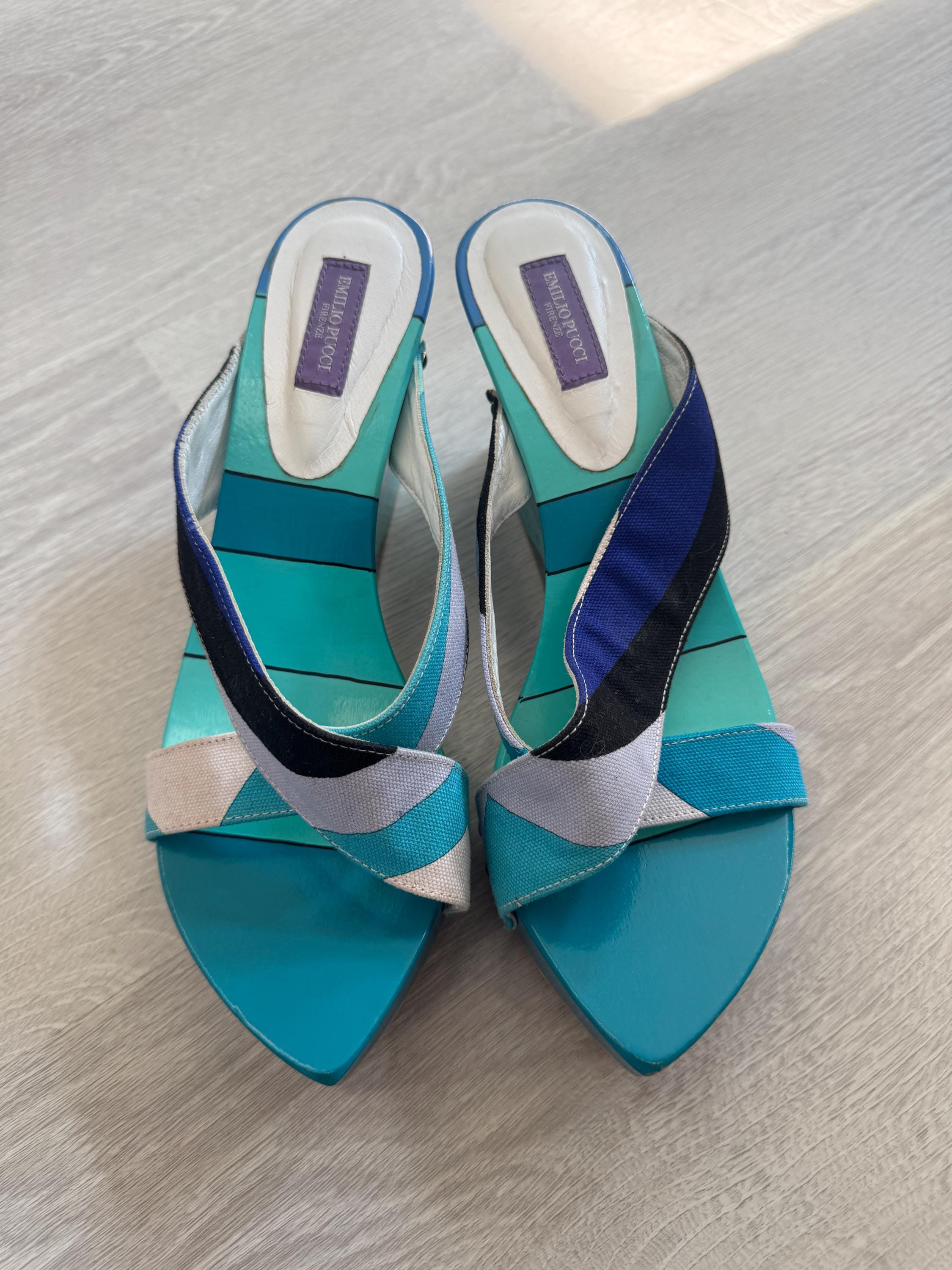 Vintage Emilio Pucci Colorblock Wedge Sandals – Platform Slide Heels, Italian Designer