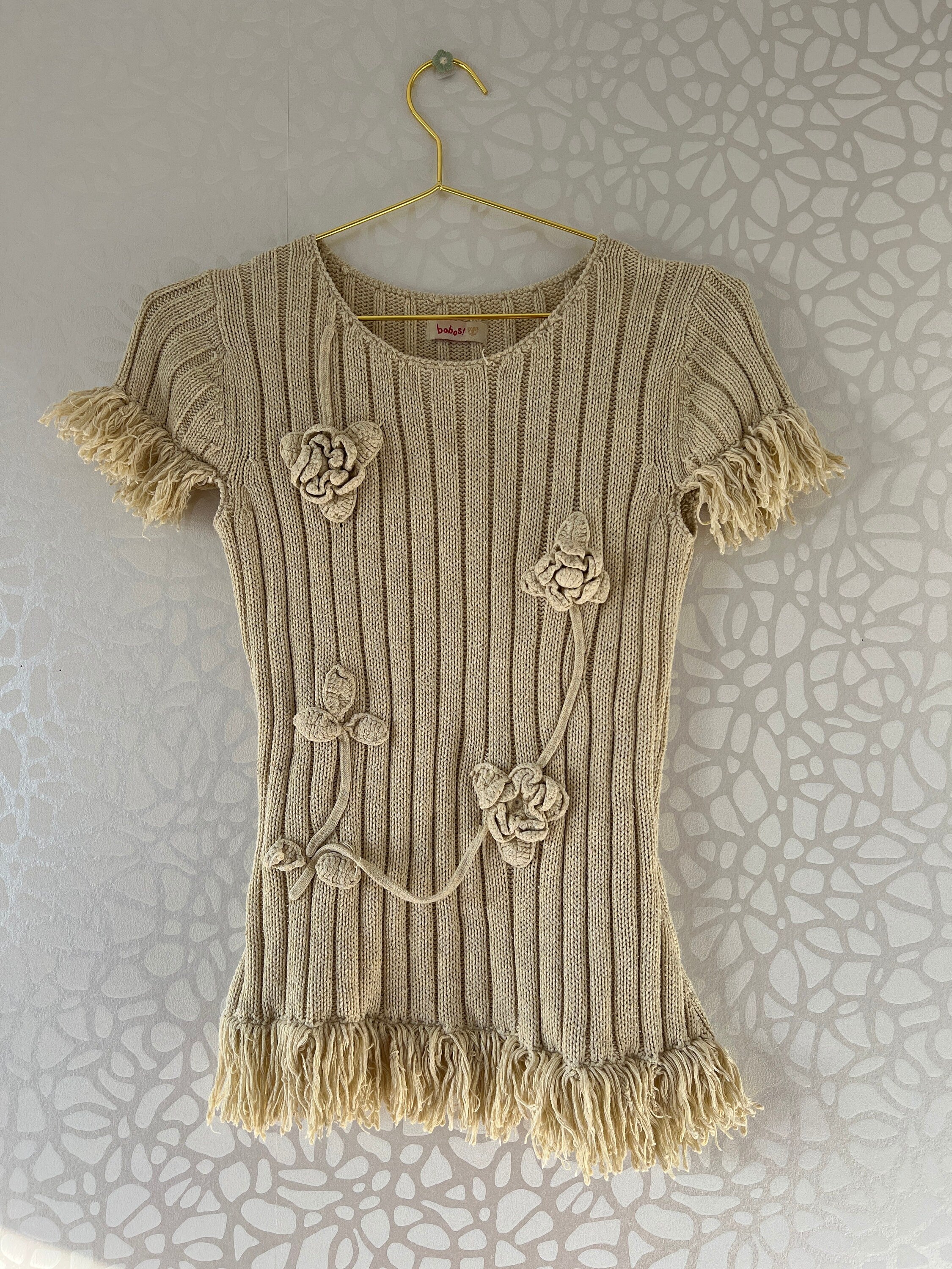 Vintage Y2K Boho Knit Flower Baby Tee