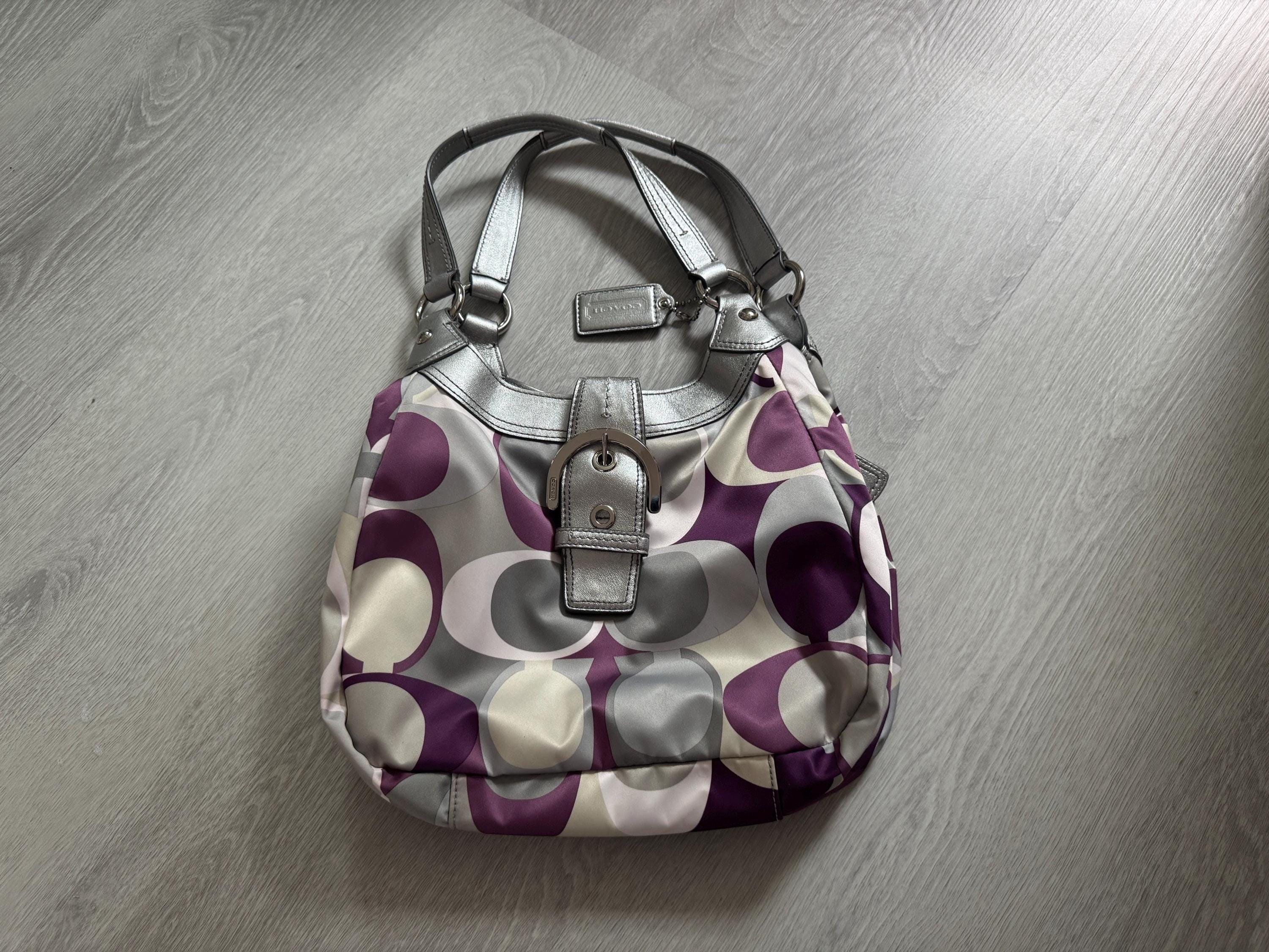 Vintage Coach Multicolor Satin Buckle Tote – Purple and Silver Signature Shoulder Bag