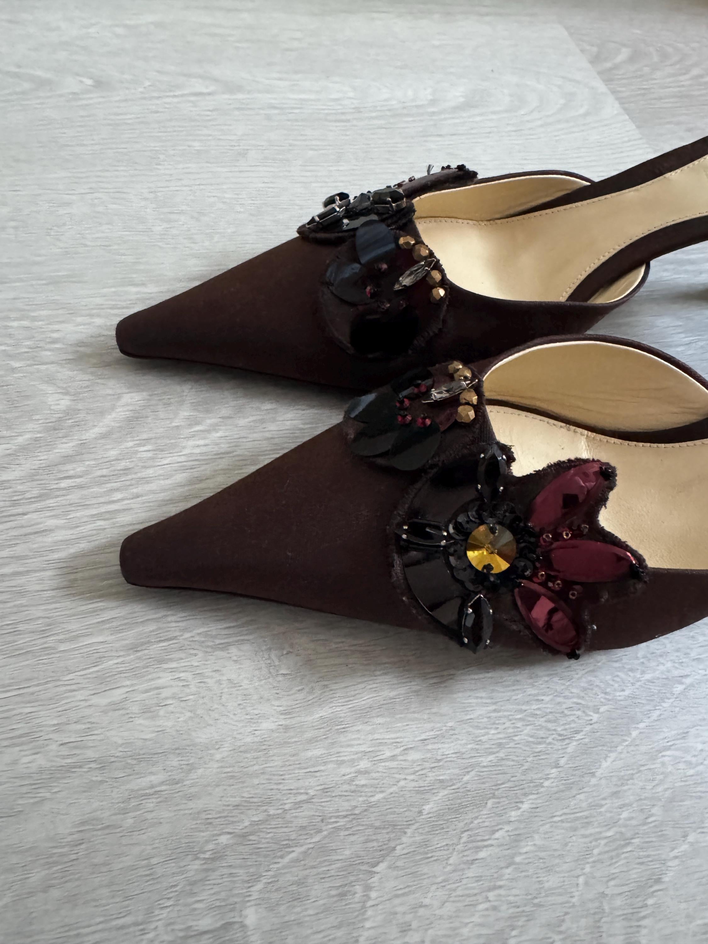 Vintage Prada Embellished Pointed Toe Mules – Brown Satin Kitten Heels with Beaded Floral Detail