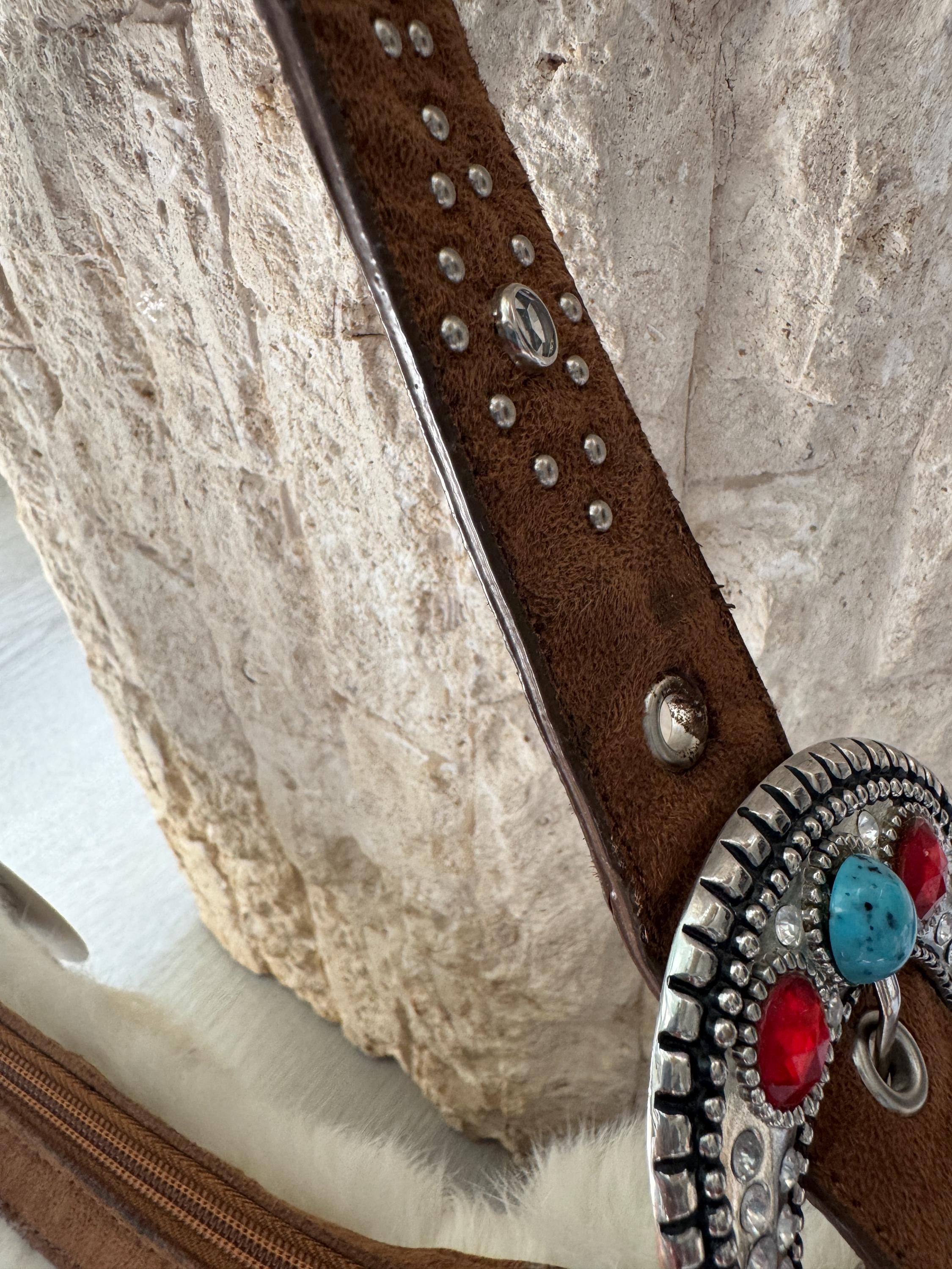 Vintage Rabbit Fur Baguette Bag: Brown Suede Western Purse with Turquoise Accents