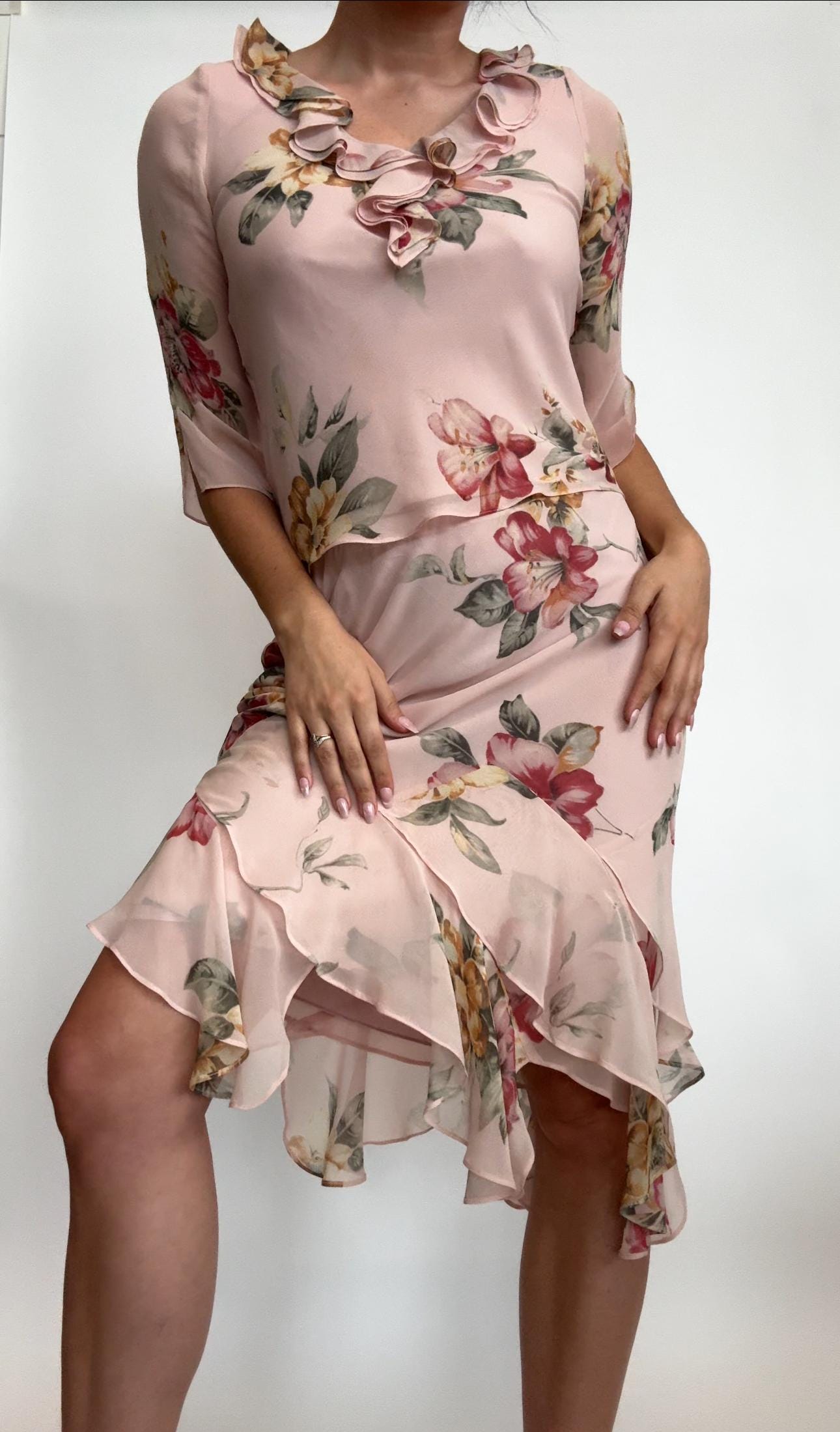 Vintage Papell Petites Ruffle Floral Dress – Fairycore Sheer 100% Silk – Size S