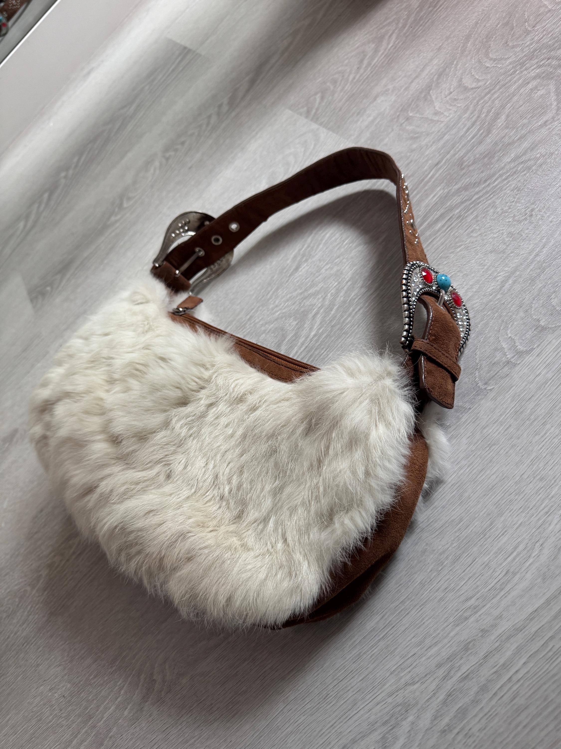 Vintage Rabbit Fur Baguette Bag: Brown Suede Western Purse with Turquoise Accents