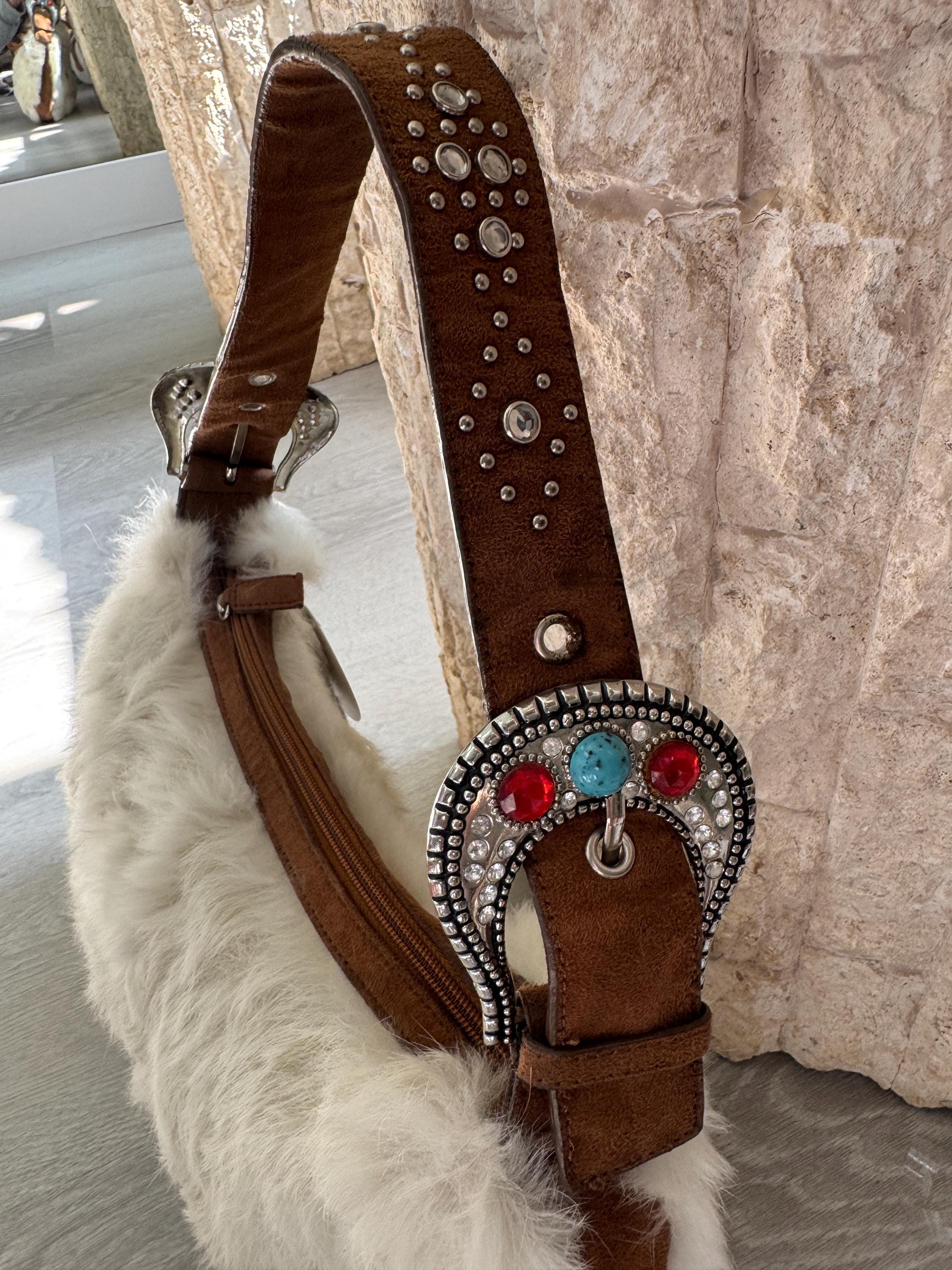 Vintage Rabbit Fur Baguette Bag: Brown Suede Western Purse with Turquoise Accents
