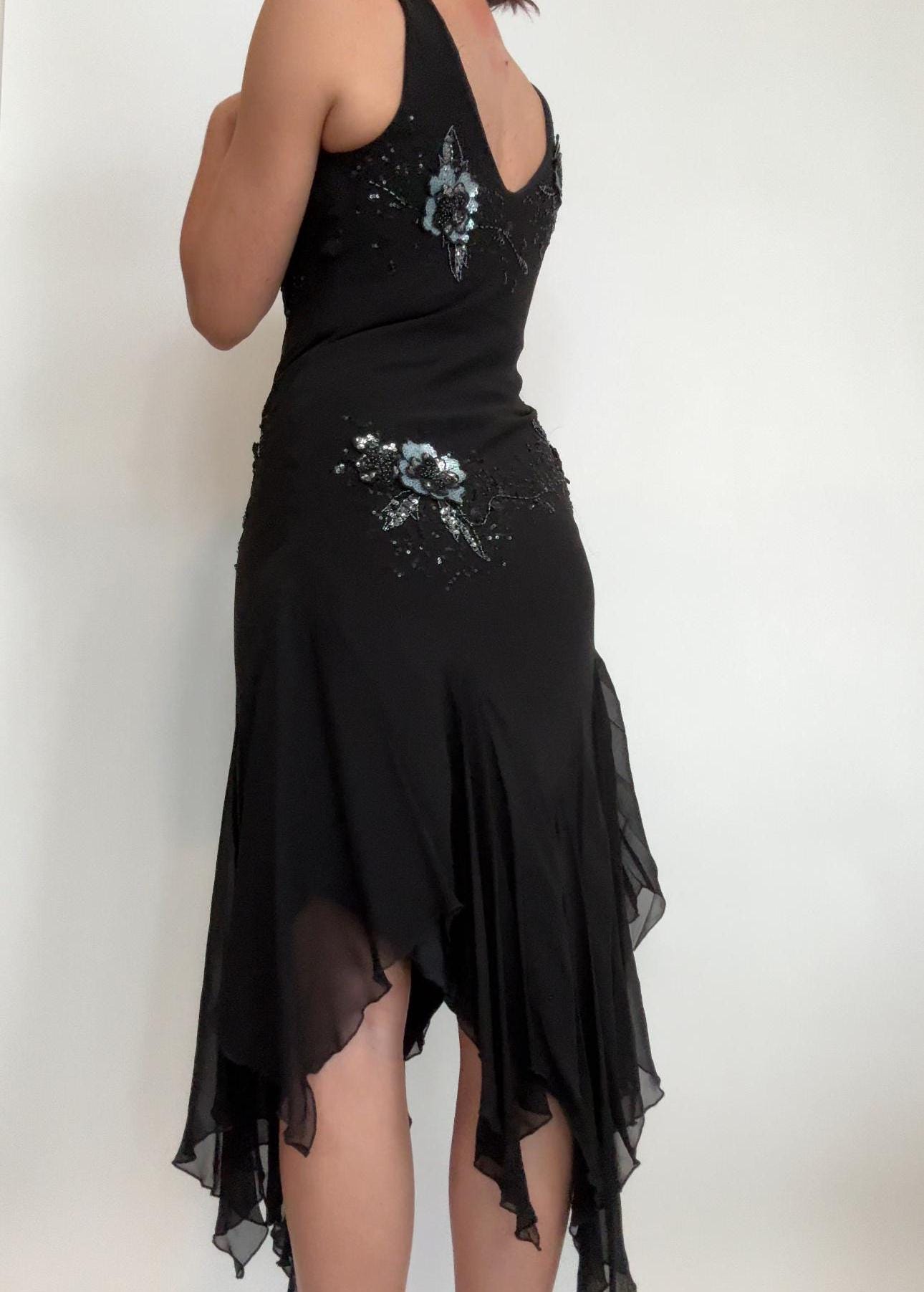 Vintage Bellessa Black Beaded Handkerchief Hem Dress 100% Silk